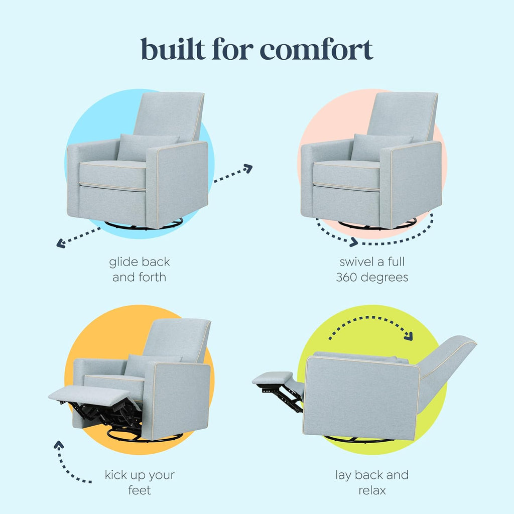 Davinci Piper Upholstered Recliner and Swivel Glider in Heathered Blue with Cream Piping, Greenguard Gold & CertiPUR-US Certified