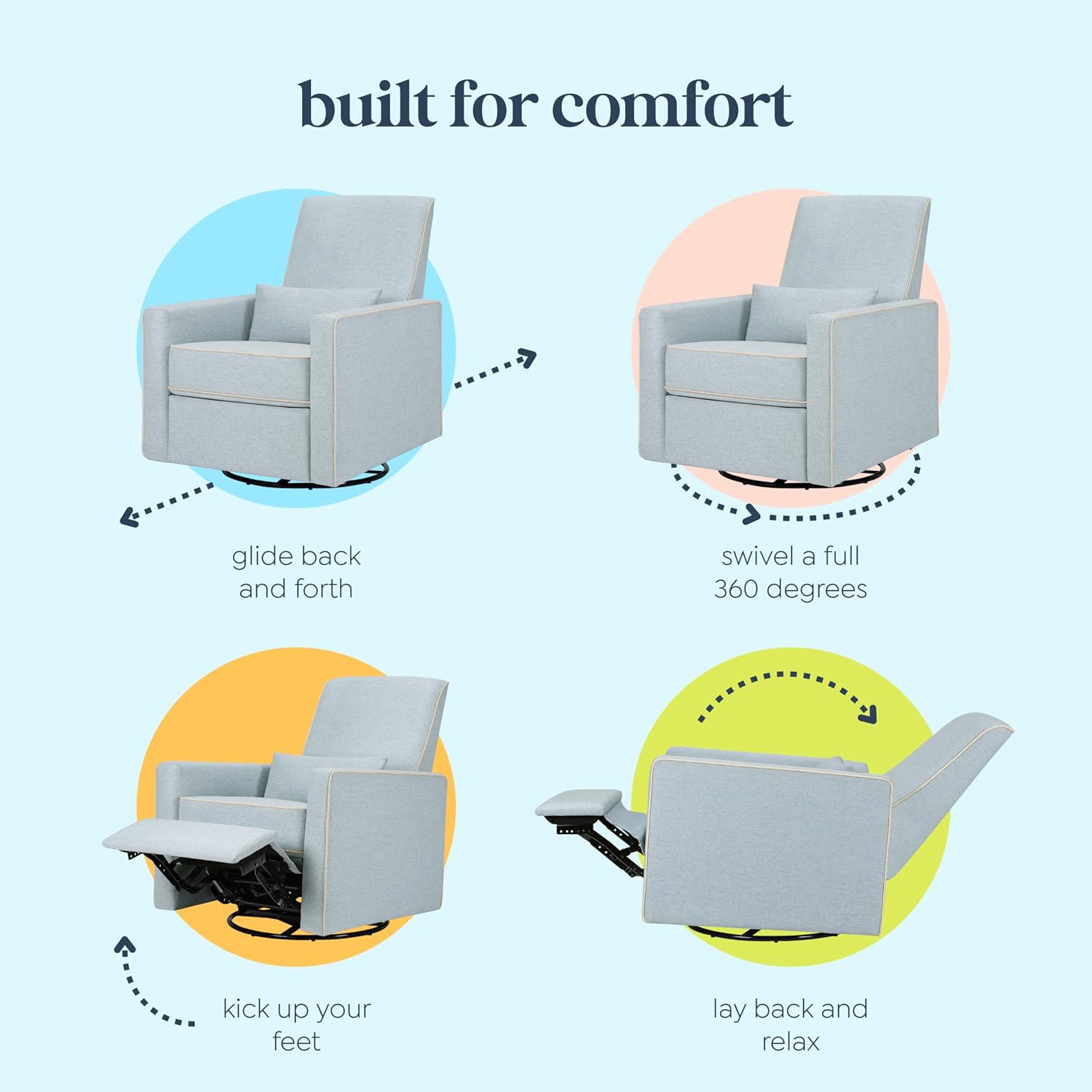 Davinci Piper Upholstered Recliner and Swivel Glider in Heathered Blue with Cream Piping, Greenguard Gold & CertiPUR-US Certified