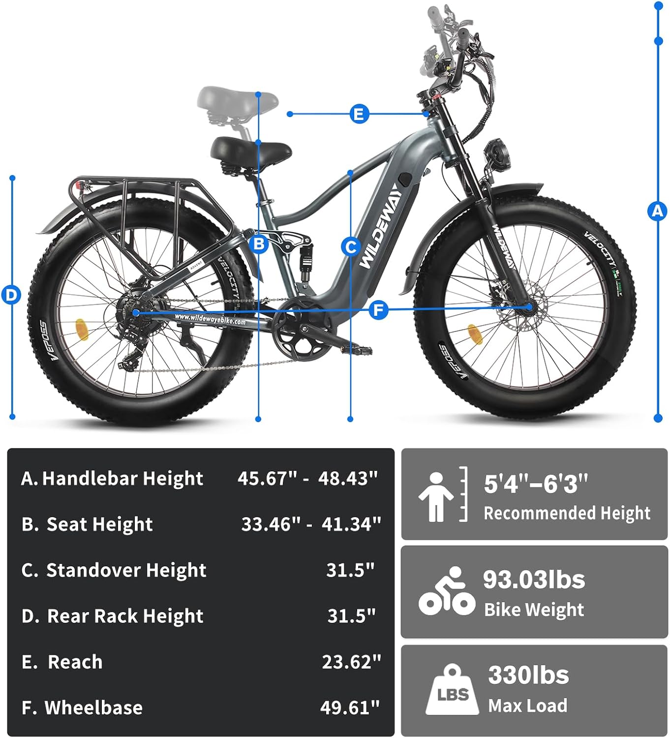 Wildeway 26' Snow Fat Tire Electric Bike for Adults, 1300W Motor 32MPH Ebike with 48V 20Ah Removable Battery, Full Suspension Off-Road Mountain Long Range Electric Bicycle 2 Seat
