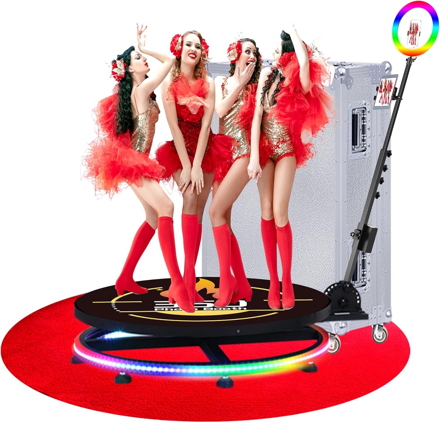 360 Photo Booth Machine with Flight Case & Red Carpet for Parties,360 Slow Motion Camera Booth with Custom Magnetic Logo & Deluxe Suit,Control by APP or Remote,Flight Case(39.4 in)