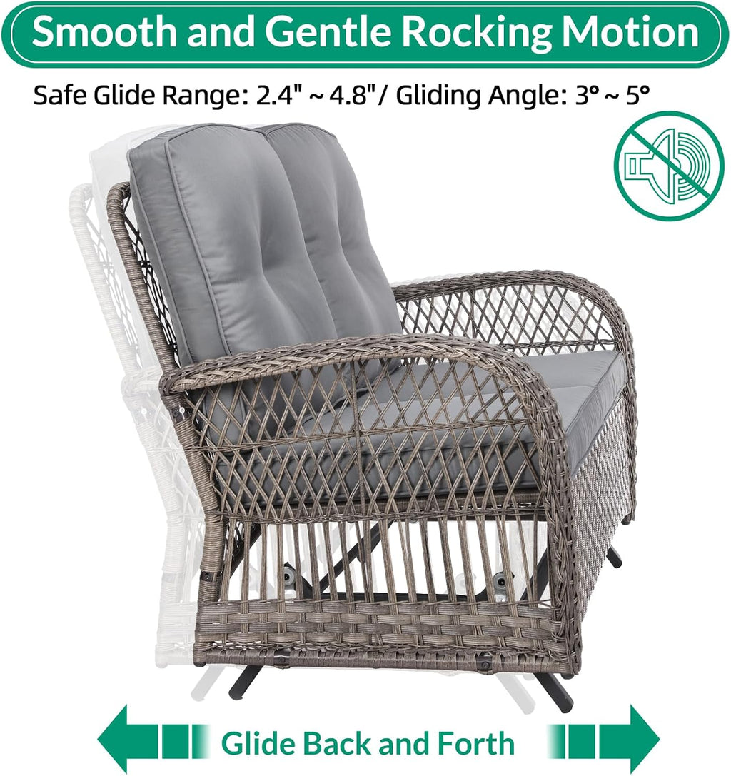 VIVIJASON 4-Piece Outdoor Patio Wicker Conversation Sets, All Weather Outdoor Rattan Furniture Set Includes Glider Loveseat, Coffee Table, 2 Rocking Chairs with Cushions for Backyard, Grey