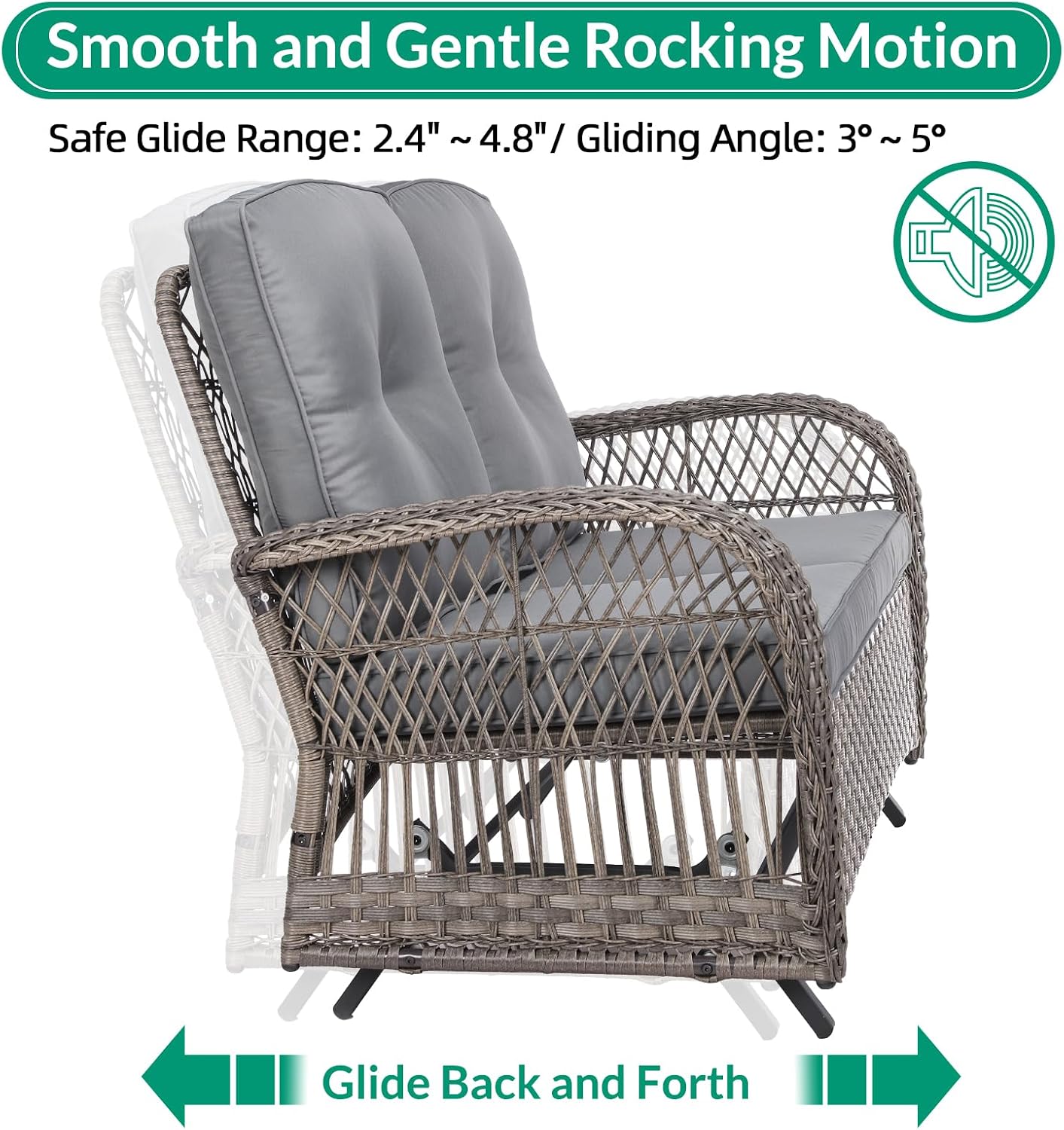 VIVIJASON 4-Piece Outdoor Patio Wicker Conversation Sets, All Weather Outdoor Rattan Furniture Set Includes Glider Loveseat, Coffee Table, 2 Rocking Chairs with Cushions for Backyard, Grey