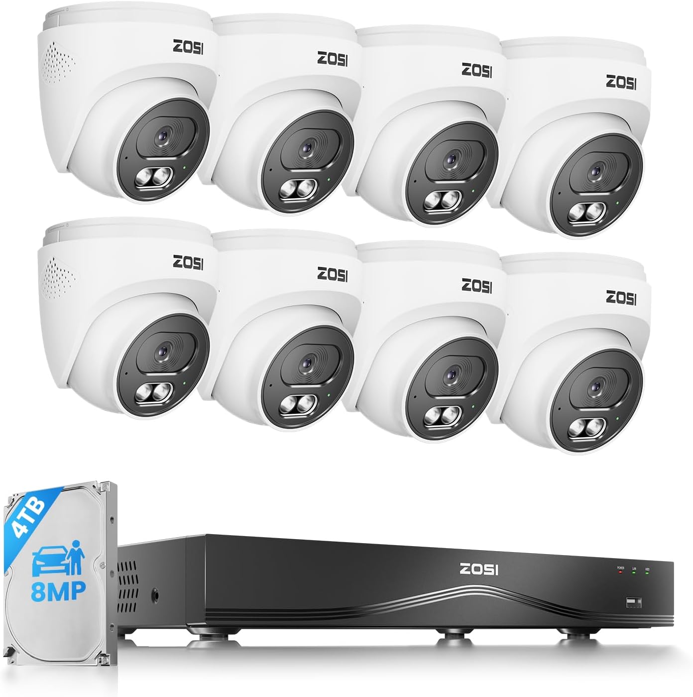 ZOSI C220 4K 8MP 16CH POE NVR Security Camera System (32CH Expandable), 8 x 8MP PoE IP Cameras Outdoor Indoor, 24/7 Recording, AI Human/Vehicle/Face Detection, Two-Way Talk, Night Vision, 4TB HDD