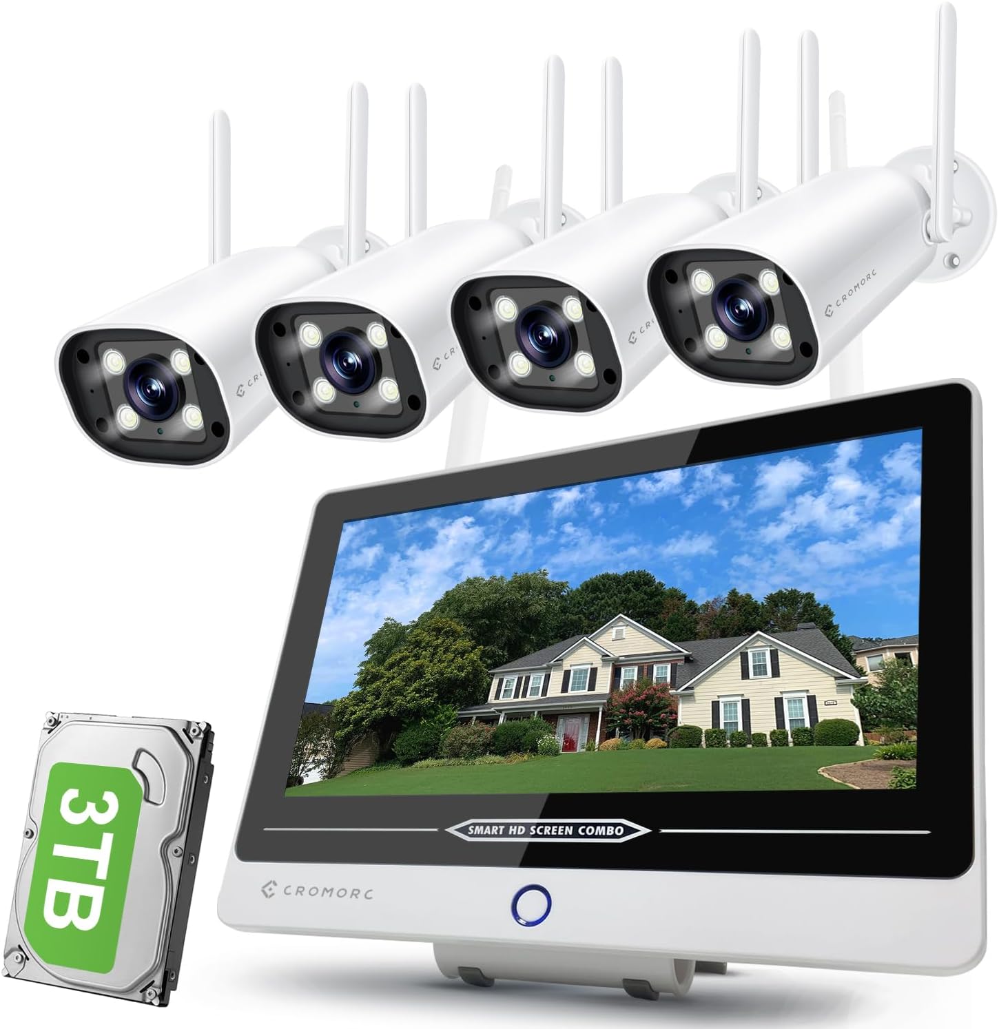 Wireless Security Camera System with 12' Monitor, Human Detection, Floodlight, Siren Alarm, 2-Way Audio, 4PCS 5MP Camera, Expandable 16CH NVR, Home Business Surveillance, 3TB HDD