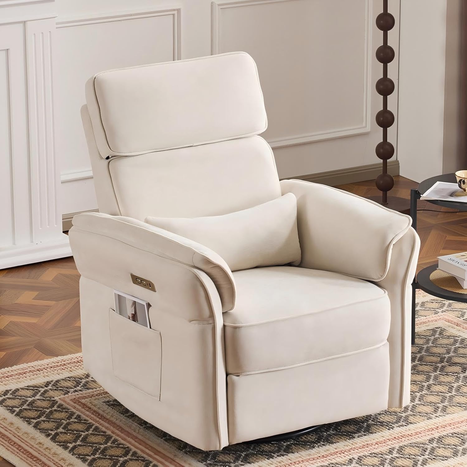 MELLCOM Power Recliner Rocking Chair Nursery Gliders with Adjustable Armrests and Headrest, Swivel Electric Glider Reclining Nursing Chair with Storage Bags and USB Port, FSC Certified,Beige Fabric