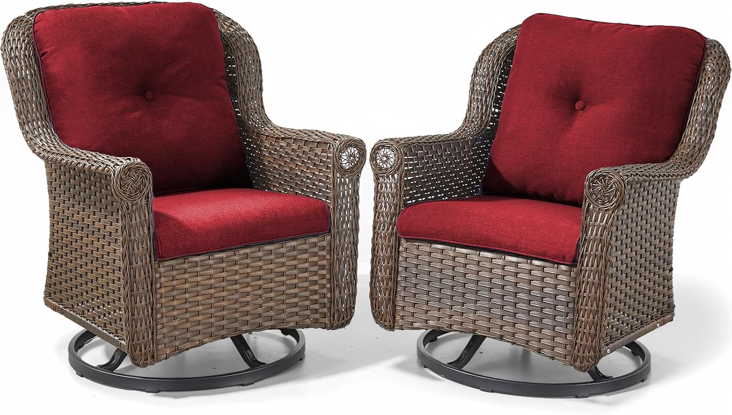 Patio Chairs Outdoor Swivel Glider - Set of 2 High Back Outside Brown Wicker Rattan Rocking Chair with Thick Cushion for Porch Apartment Deck Yard Poolside Garden - Red