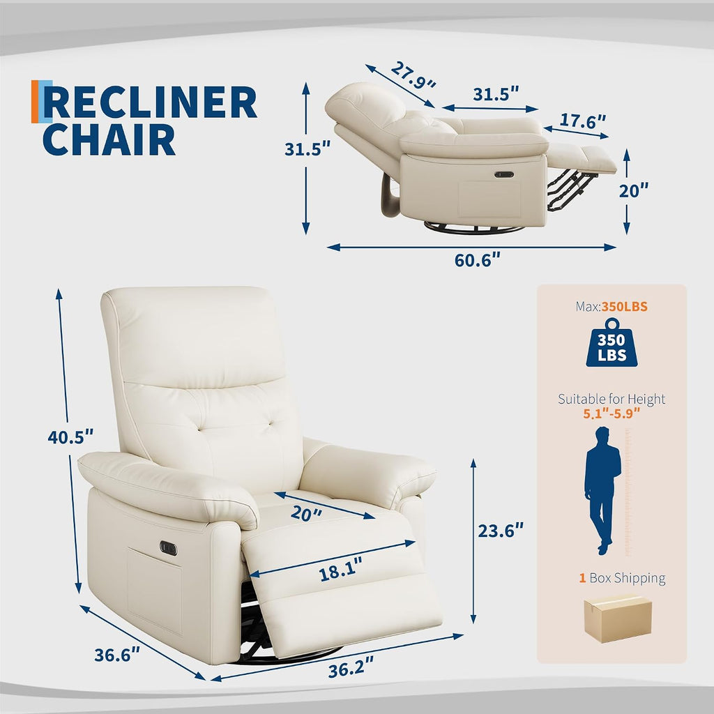Power Recliner Chair, 270° Swivel Rocking Glider with USB Charging Port, PU Leather Upholstered Fabric and Button Tufted Backrest, Ergonomic Nursery Chair for Living Room (Beige)