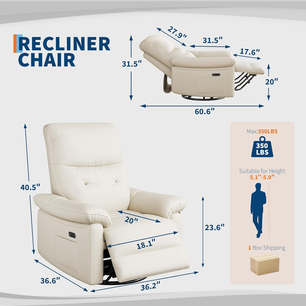 GAOMON Swivel Rocking Recliner Chair, Manual Leather Recliner Glider with Lumbar Support & Padded Armrest, Comfortable Rocker Nursery Single Sofa for Living Room and Bedroom (Off White)