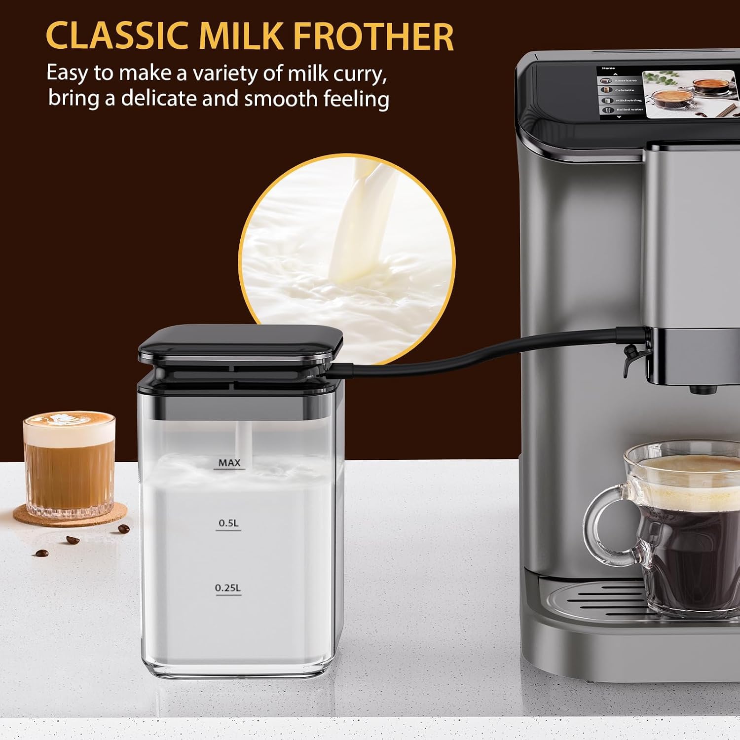 Garvee Fully Automatic Espresso Machine with Built-In Grinder and Milk Frother, 4-Beverage Cappuccino and Latte Maker with Intuitive Touch Display, Gunmetal Finish