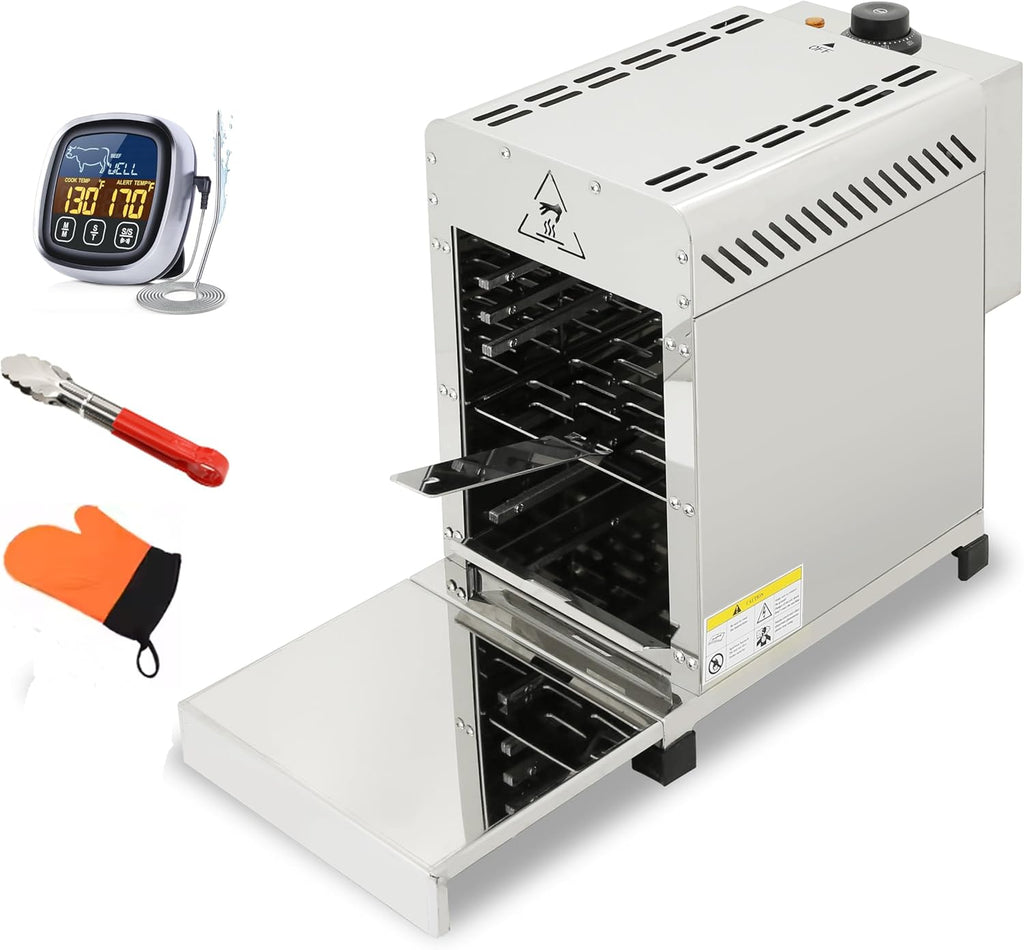 CHEF PROSENTIALS Small Stainless Steel Electric Steak Grill Oven – Portable Steak Broiler & Sear Station, Outdoor Electric Salamander BBQ with Pizza Stone