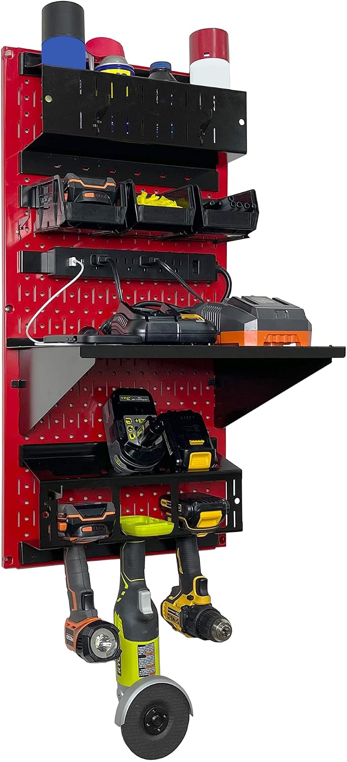 Wall Control Power Tool Storage Organizer Kit Cordless Drill Holder Charging Station Rack 16' x 32' Metal Pegboard Organization System (Red Pegboard)
