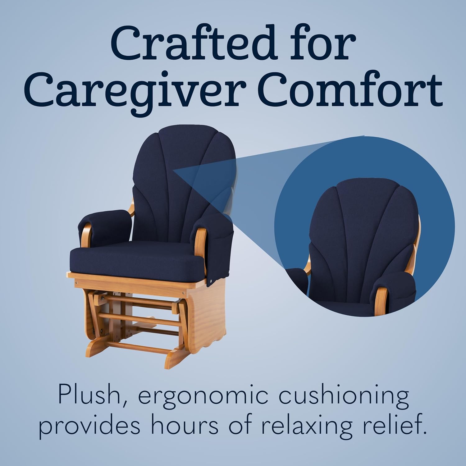 Foundations Lullaby Wood Base Glider Rocker - Baby Feeding and Rocking Chair for Nursery, Daycare Environment - Nursery Rocking Chairs with Padded Foam Arm Rests - (Natural/Blue)
