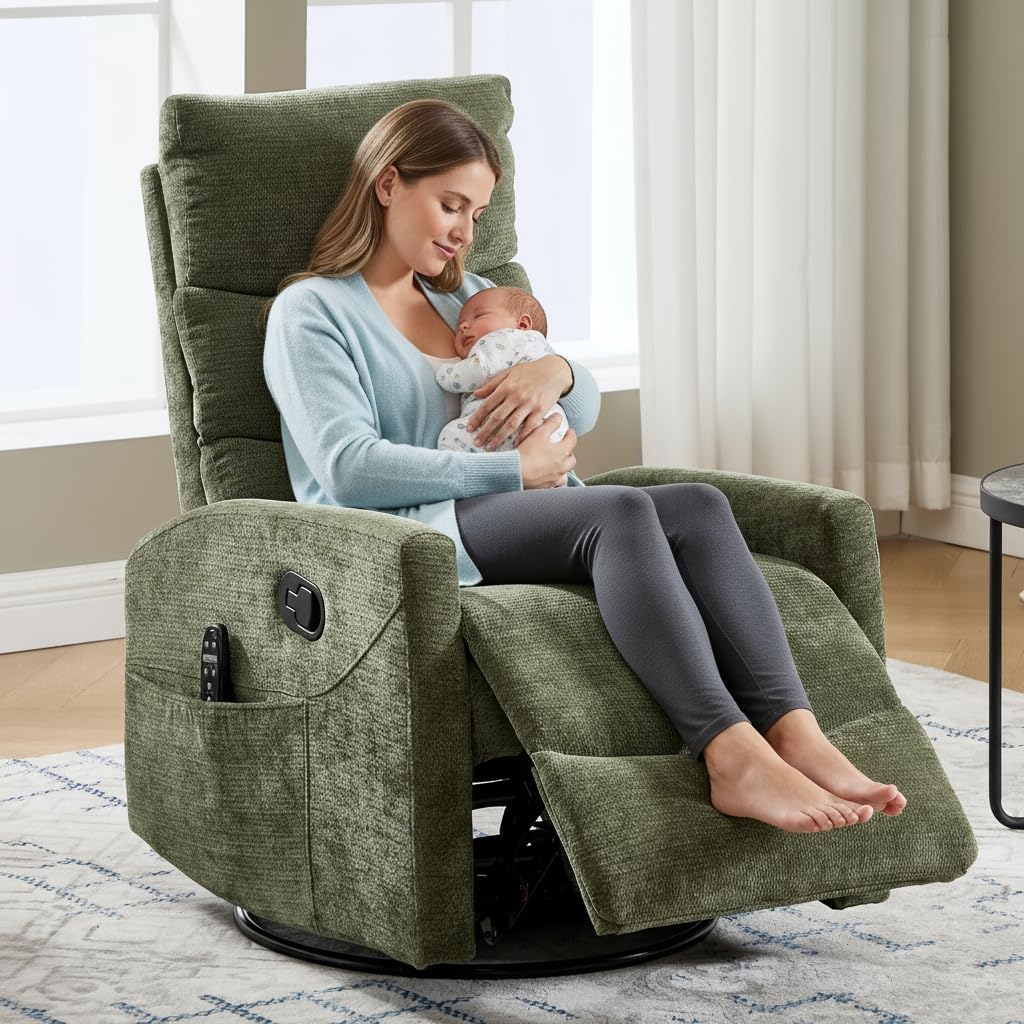 PELUMY 360° Swivel Rocker Recliner with Heat & Vibration Massage, Glider Rocking Chair for Adults, Compact Recliner for Living Room, Small Spaces, Nursery, Bedroom (Chenille, Green)