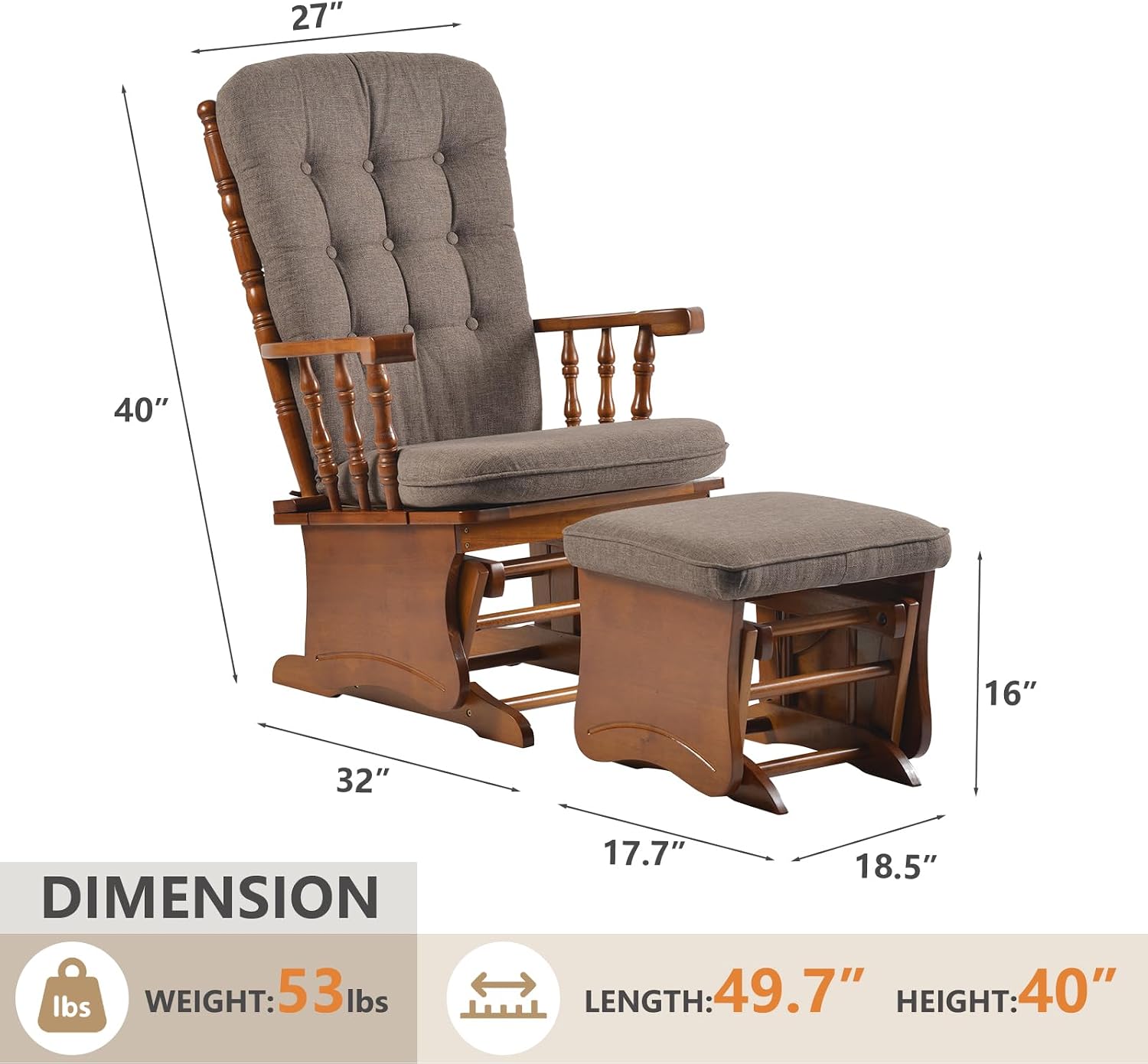 Anti-Pinch Glider Chair with Ottoman, Nursery Rocking Chair for Baby & Mom, Solid Wood Glider Rocker with High Back Cushion, Nursing Chair for Living Room, Bedroom & Nursery, Antique Espresso