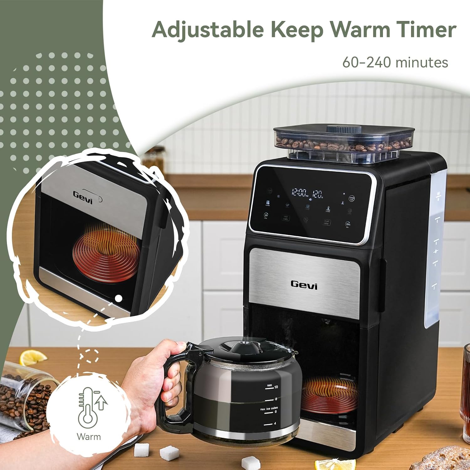 Gevi Grind & Brew Coffee Maker 10 Cup, Built-In Burr Grinder Drip Coffee Machine, Programmable Touch Screen, 4-Hour Warm Plate, Permanent Filter & Glass Carafe