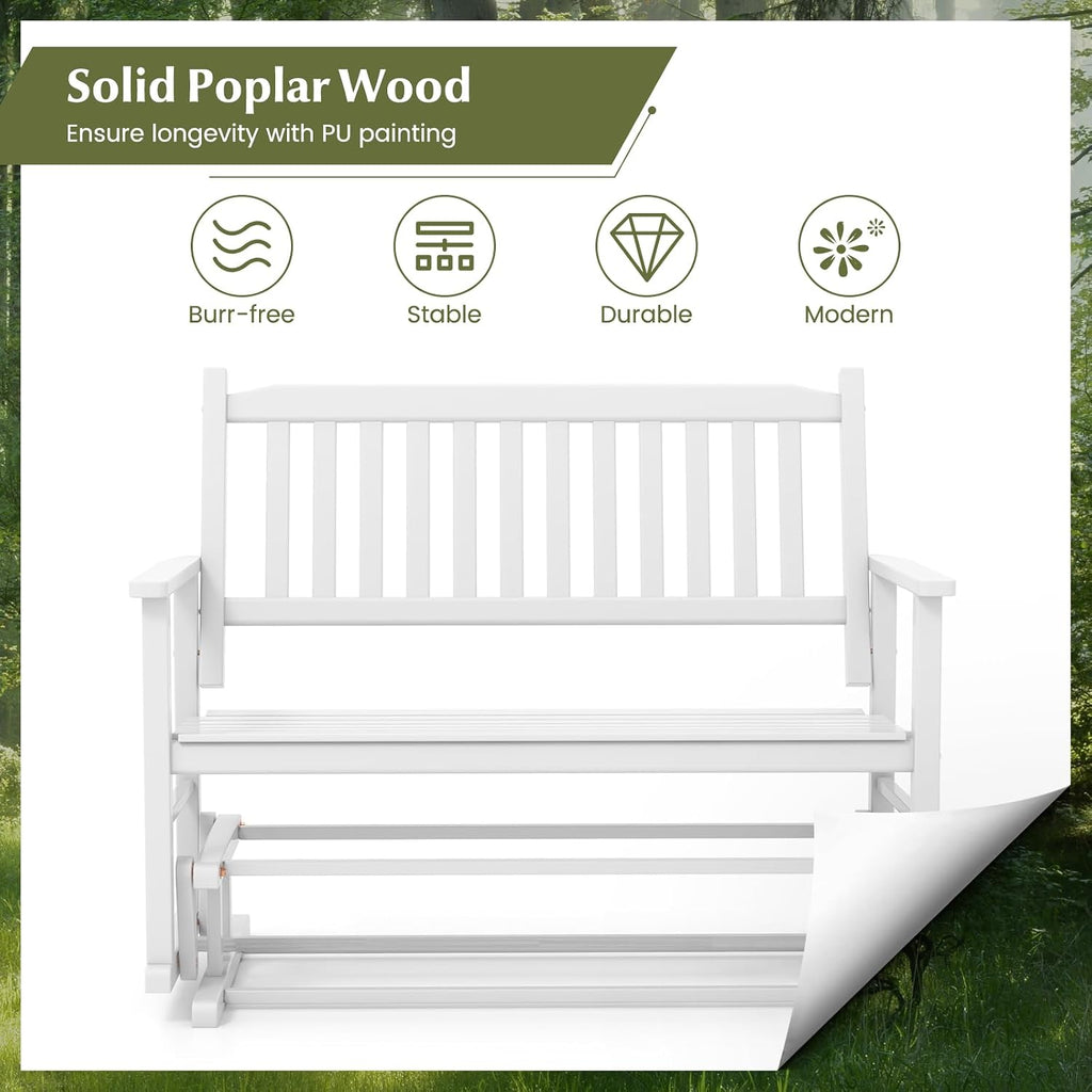 Tangkula 2 Person Outdoor Glider Bench, Poplar Wood Patio Swing Glider Loveseat with Armrests, Slatted Seat & Backrest, Porch Rocking Glider Bench for Backyard, Garden, Deck (White)
