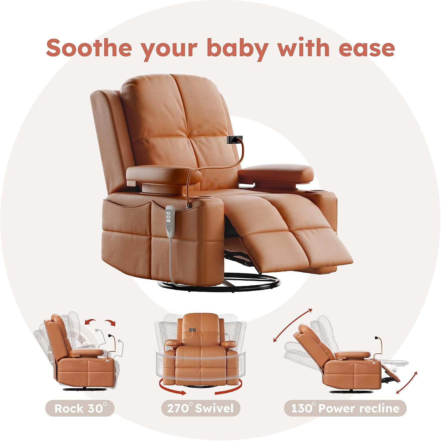 MAMAZING Lullapod Power Nursery Recliner Rocking Chair, Triple Motor Power Recliner with HugAssist Armrest, 270° Swivel Glider and Quiet Rocking Chair Nursery with Dual Charging Port and Storage