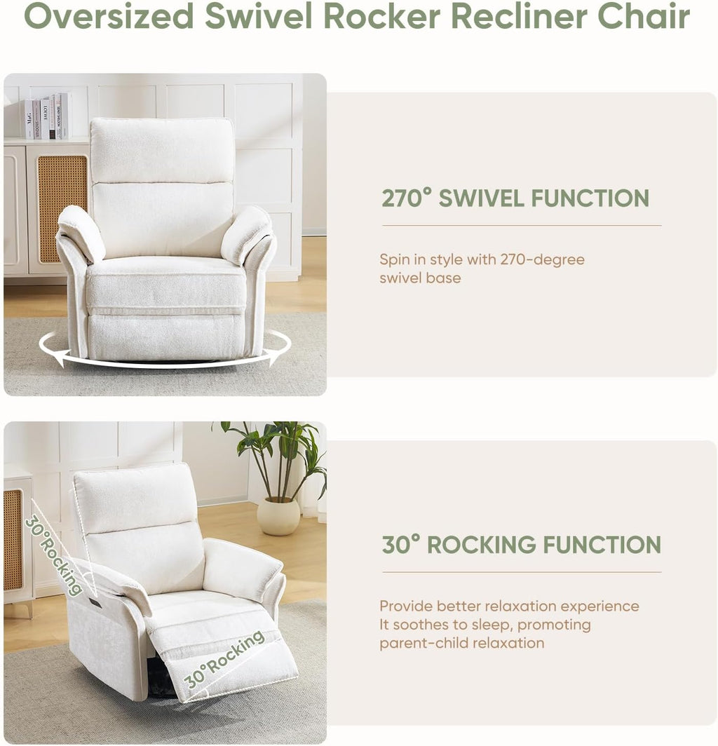 Power Swivel Rocker Recliner, Glider Recliner Nursery Chair with Massage and Heat, Nursery Rocking Chairs with Adjustable Headrest for Living Room，USB Ports,Side Pockets,Chenille White