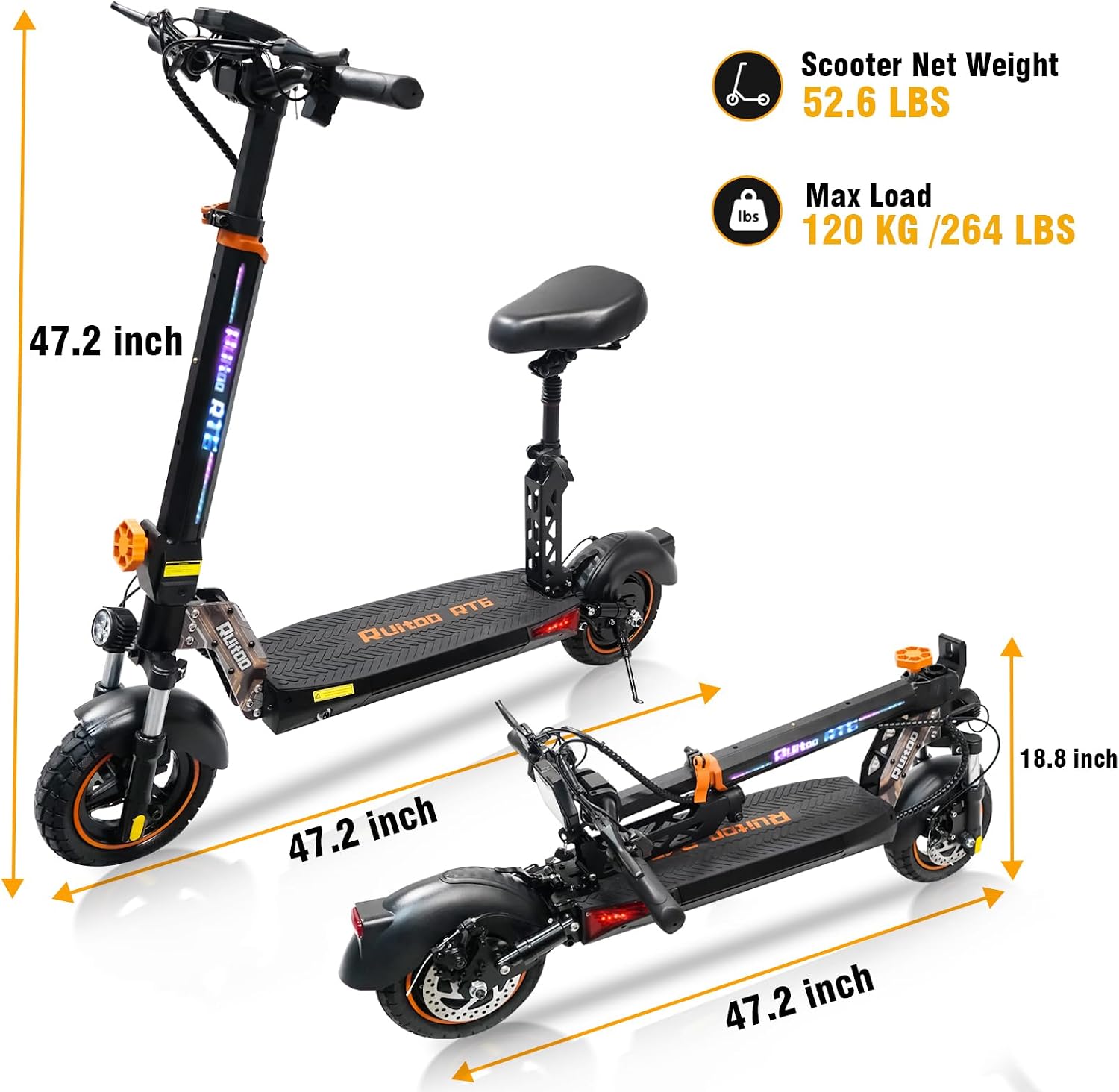 Electric Scooter Adults 1600/2000W Motor 50 Miles Long Range & 30/35 MPH Top Speed 10' Off Road Tire Folding E-Scooter 48V 20.8AH Battery Kick Scooter with Detachable Seat for Commuter Outdoor