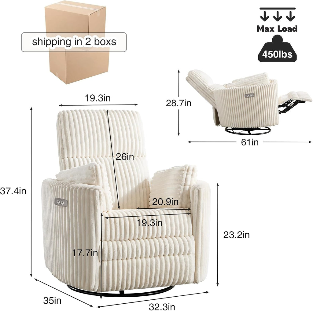 Power Recliner,Nursery Swivel Glider Rocking Chair with USB Port,Upholstered Adult Electric Recliner Rocking Chair with 2 Pillows for Living Room Bedroom (Beige Corduroy, Power-Driven)