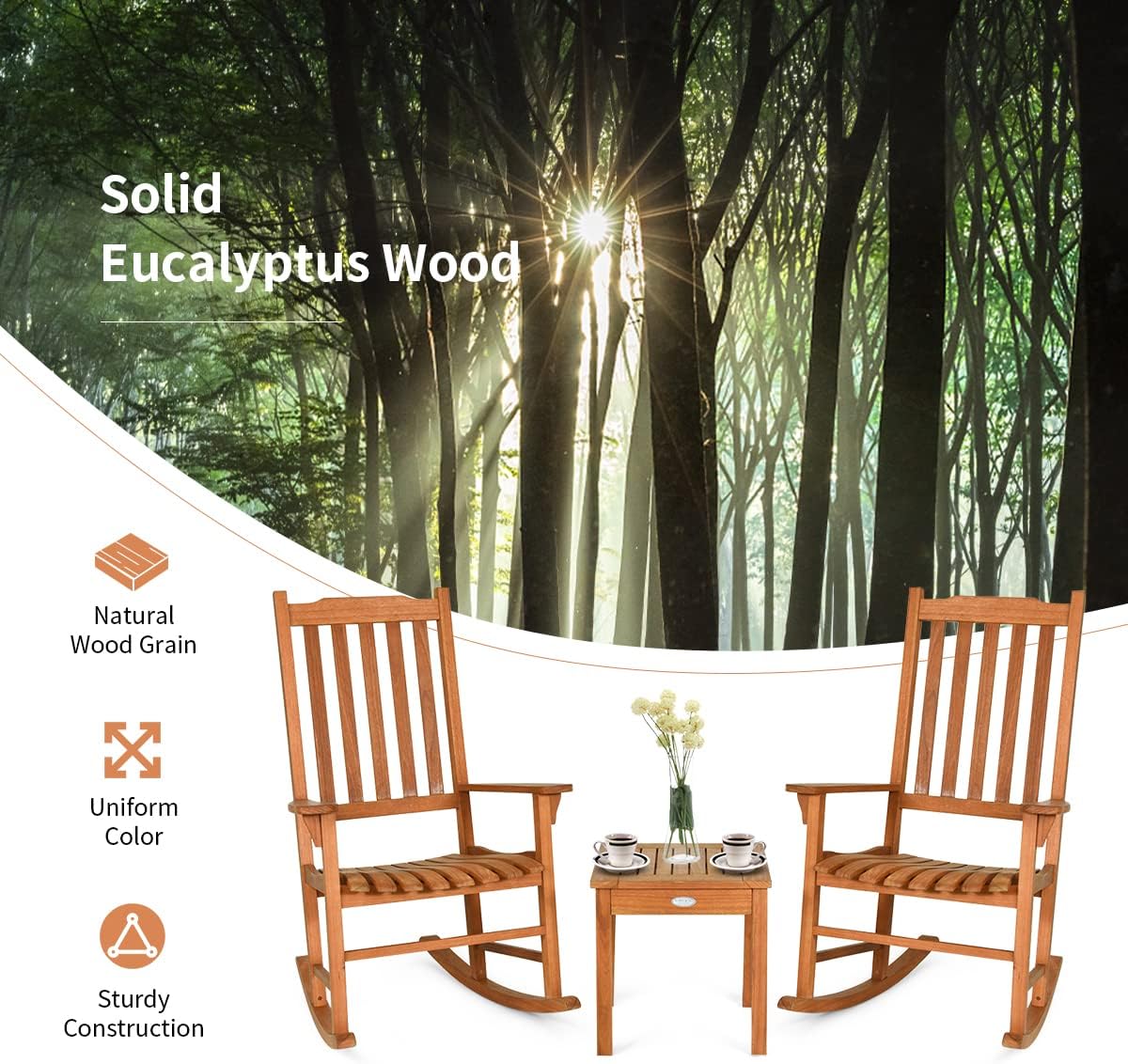 Tangkula 3 Piece Patio Rocking Bistro Set, Patiojoy Eucalyptus Wood Conversation Set with 2 Rockers and 1 Coffee Table, Outdoor Rocking Chair Set with Coffee Table for Porch, Patio and Backyard