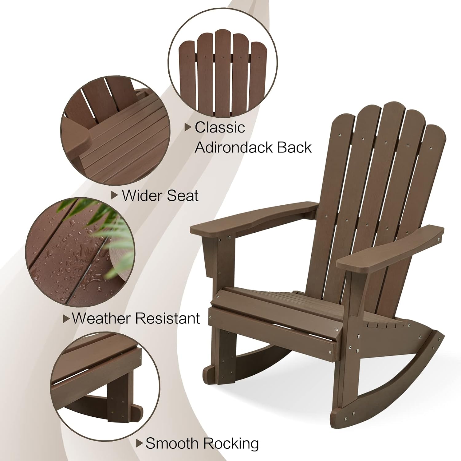 Psilvam Adirondack Patio Rocking Chair, Poly Lumber Porch Rocker with High Back, 350Lbs Support Adirondack Rocking Chairs for Both Outdoor and Indoor, Poly Rocker Chair Looks Like Real Wood