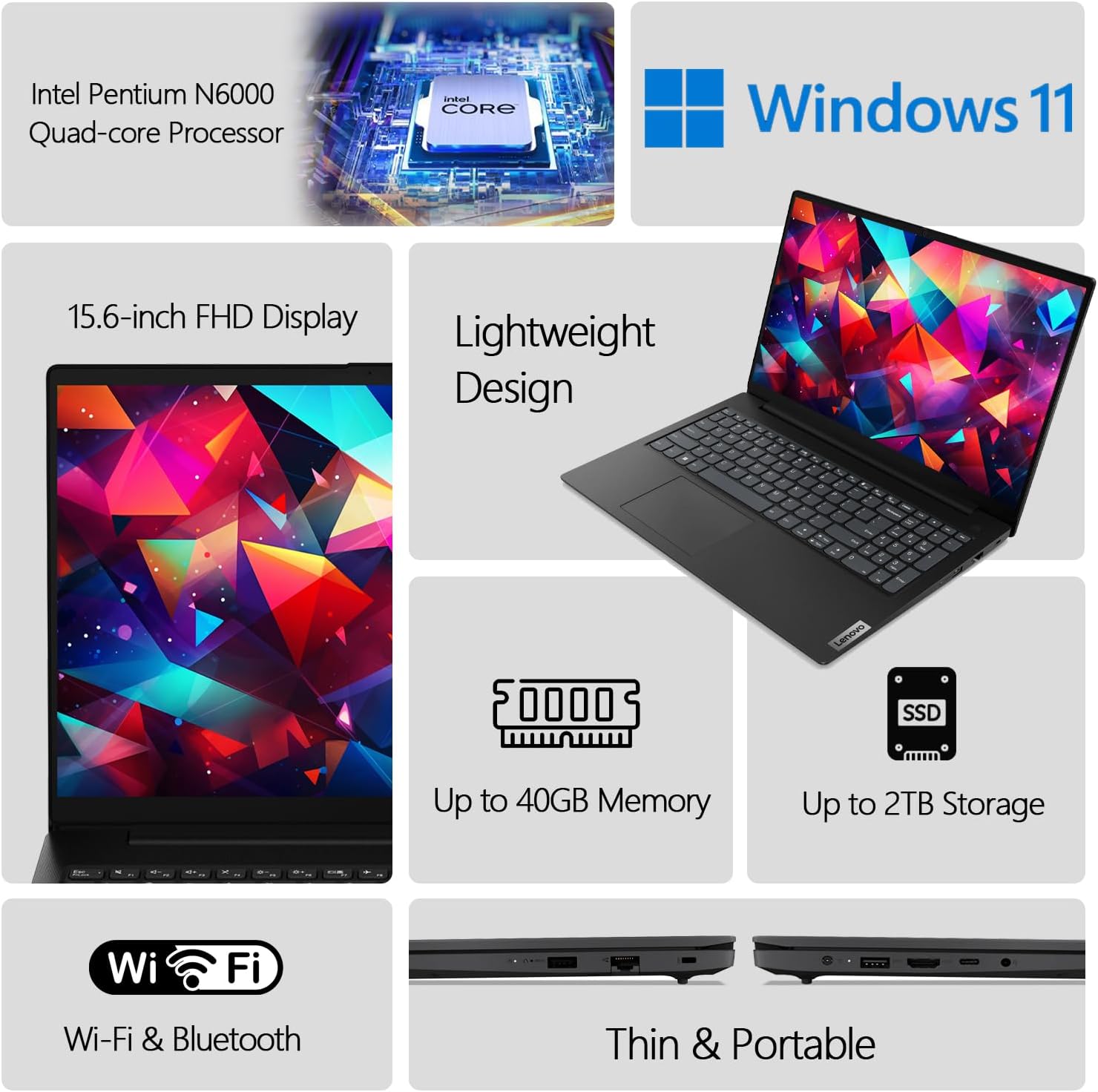 Lenovo Laptop, Intel Pentium Four-Core Processor, 16GB RAM, 512GB PCIe SSD, 15.6' Full HD Anti-Glare Display, Ethernet Port, HDMI, USB-C, Webcam, WiFi & Bluetooth, Windows 11 Home