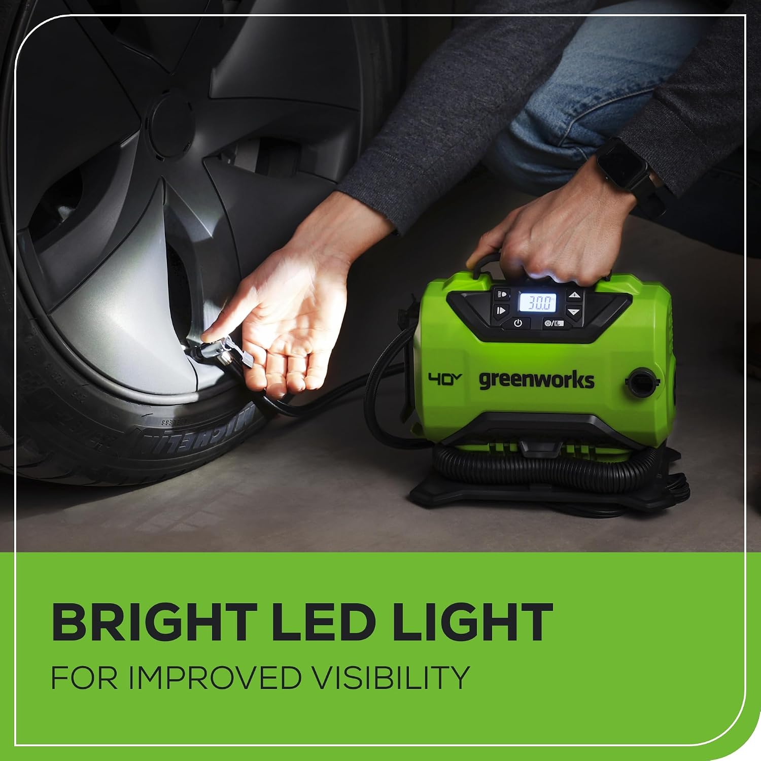 Greenworks 40V Cordless Tire Inflator, 160 PSI Portable Air Compressor, 2 Power Sources, Auto Shut Off, for Car, Bicycle, Motorcycle, Air Boat, Inflatables, Tool Only