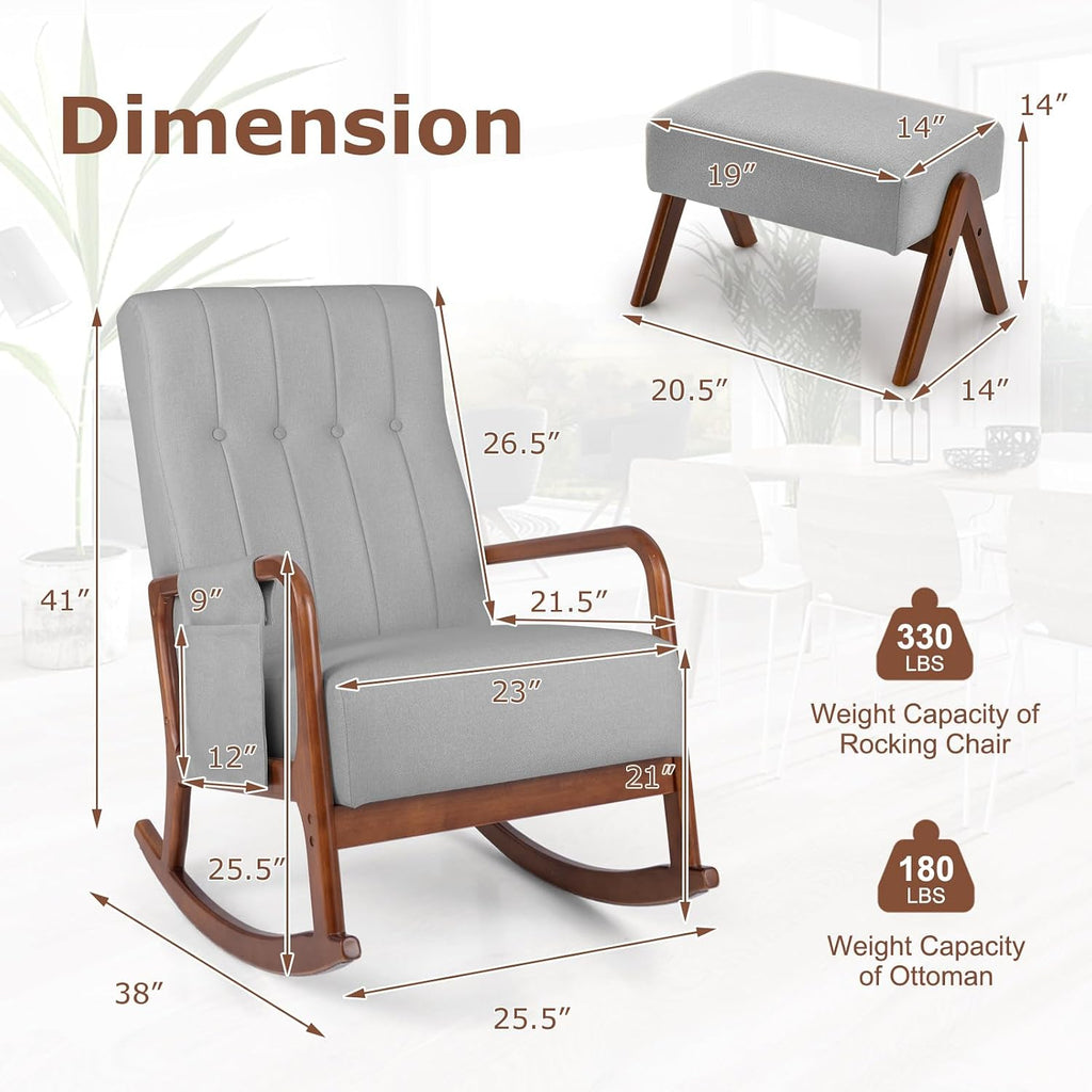 GOFLAME Nursery Rocking Chair with Ottoman, Upholstered Glider Rocker with Tufted High Backrest and Side Pocket, Modern Accent Chair with Footrest, Comfy Armchair for Living Room, Bedroom, Grey