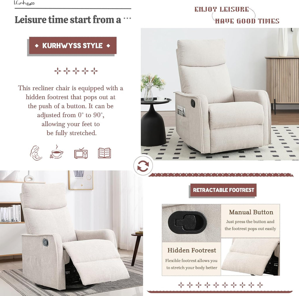 Rocking Recliner Chair with Heat and Massage, 360° Swivel Glider Rocker with Reclining Backrest and Footrest, Modern Nursery Rocking Chairs for Adults for Bedroom, Living Room, Office (Beige)