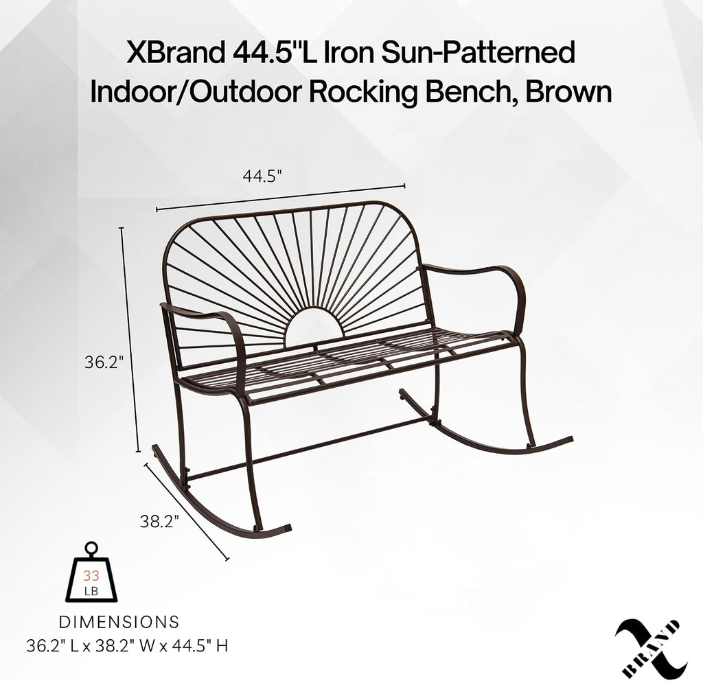 XBrand Outdoor Iron Glider Rocking Bench, Weather-Resistant Patio Glider Rocking Chair with Sun-Pattern Backrest, Heavy-Duty Porch Garden Seating for Yard & Patio, Brown