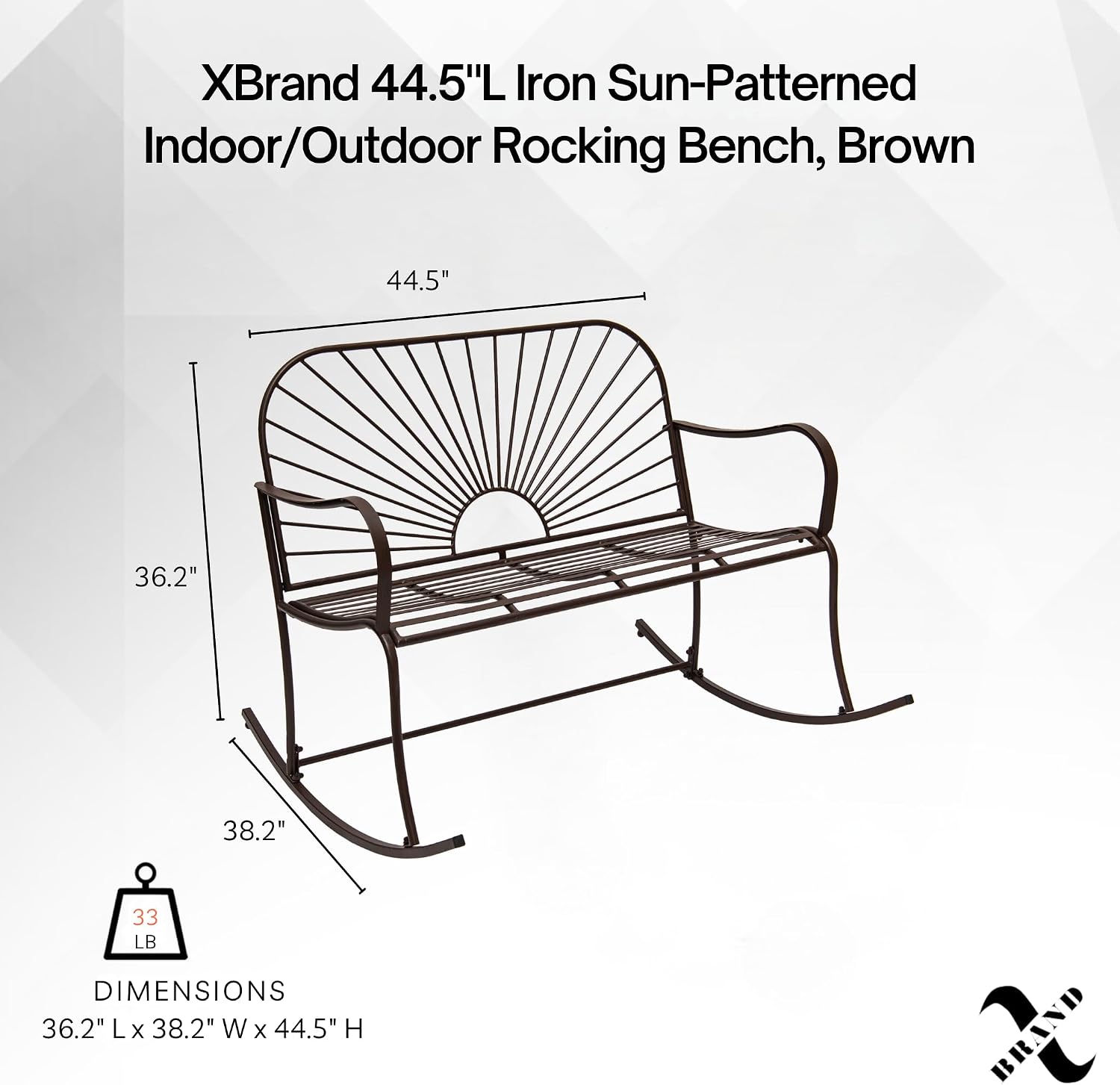 XBrand Outdoor Iron Glider Rocking Bench, Weather-Resistant Patio Glider Rocking Chair with Sun-Pattern Backrest, Heavy-Duty Porch Garden Seating for Yard & Patio, Brown
