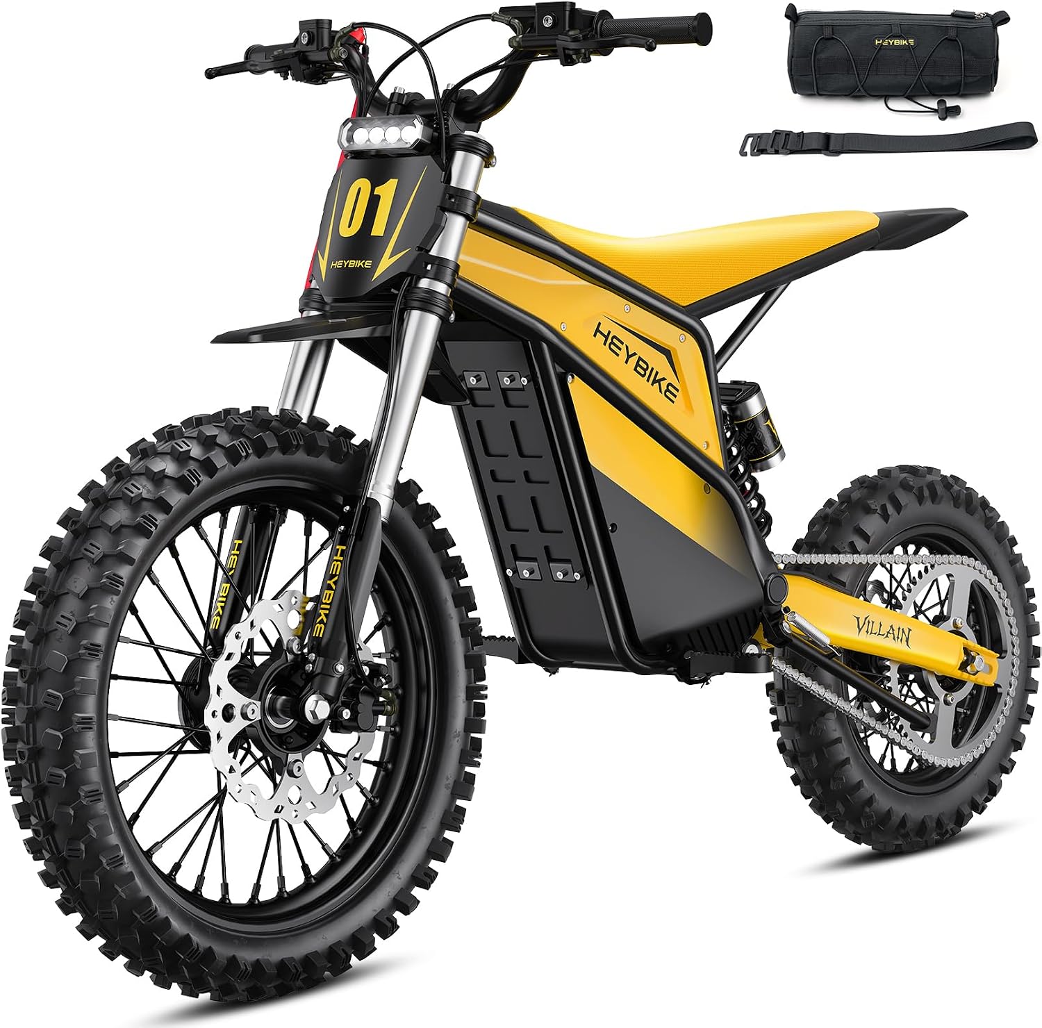 Heybike Villain Electric Dirt Bike, 4160W E Dirt Bike with 52V 26AH Battery, 14'/12' Fat Tire Electric Motorcycle for Teens, Max 45MPH Ebike with Reversing Function(with Crossbody Bag; Yellow&Black)