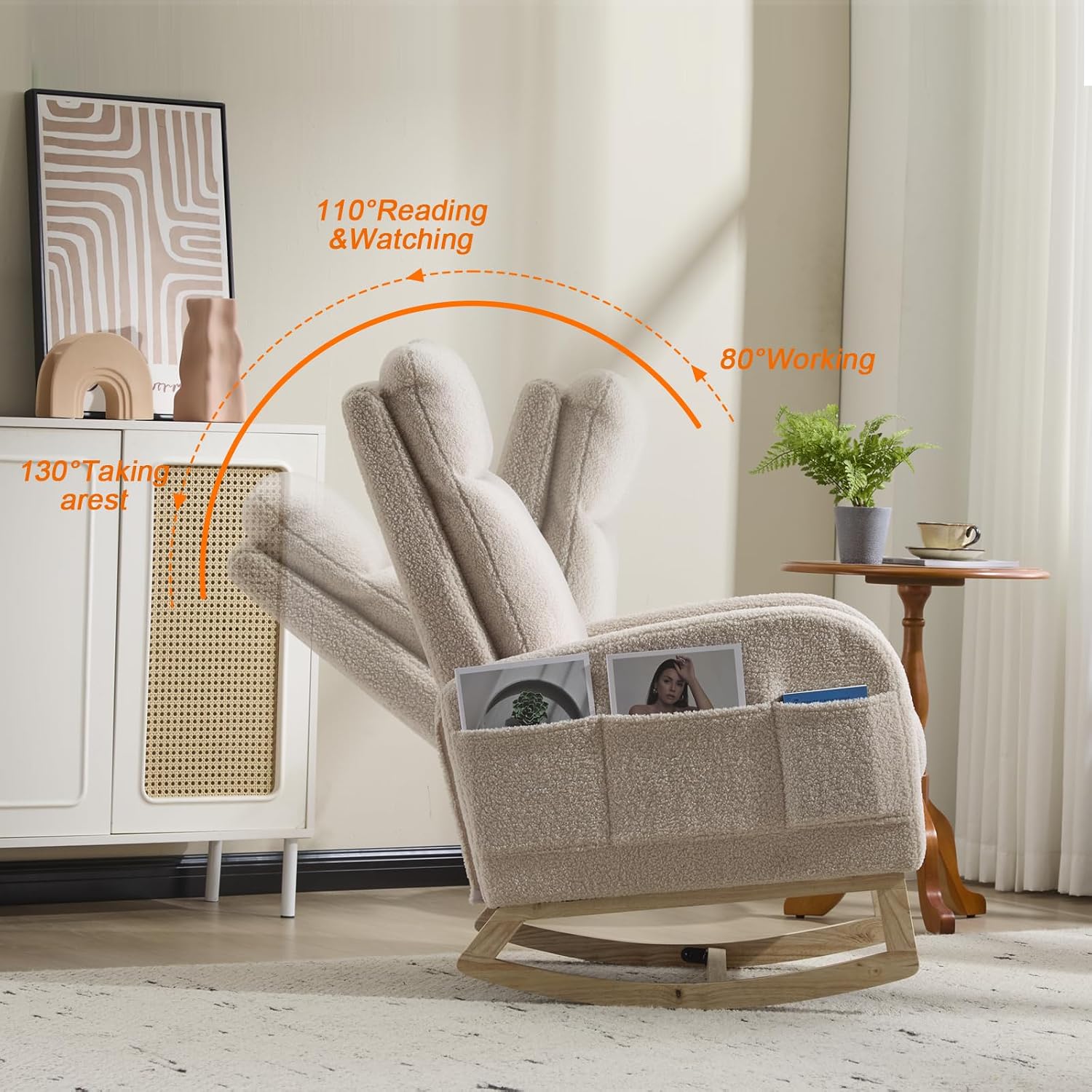 Rocking Chair Nursery with Foot Rest, Sherpa Nursing Rocking for Mom Nursery Rocker Chair with High Straight Backrest, Armchair Rocker Glider with Side Pocket for Living Room, Bedroom, Teddy Begie
