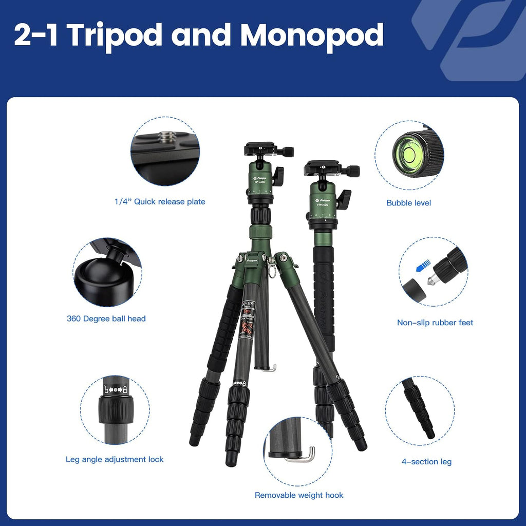Fotopro 57inch Carbon Fiber Tripod Bundle with Rotatable Collar Tripod Lens Mount Rings