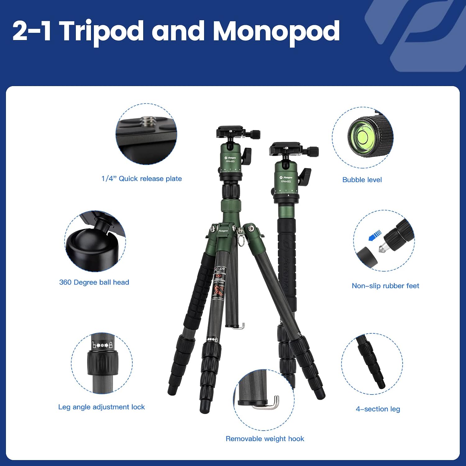 Fotopro 57inch Carbon Fiber Tripod Bundle with Rotatable Collar Tripod Lens Mount Rings