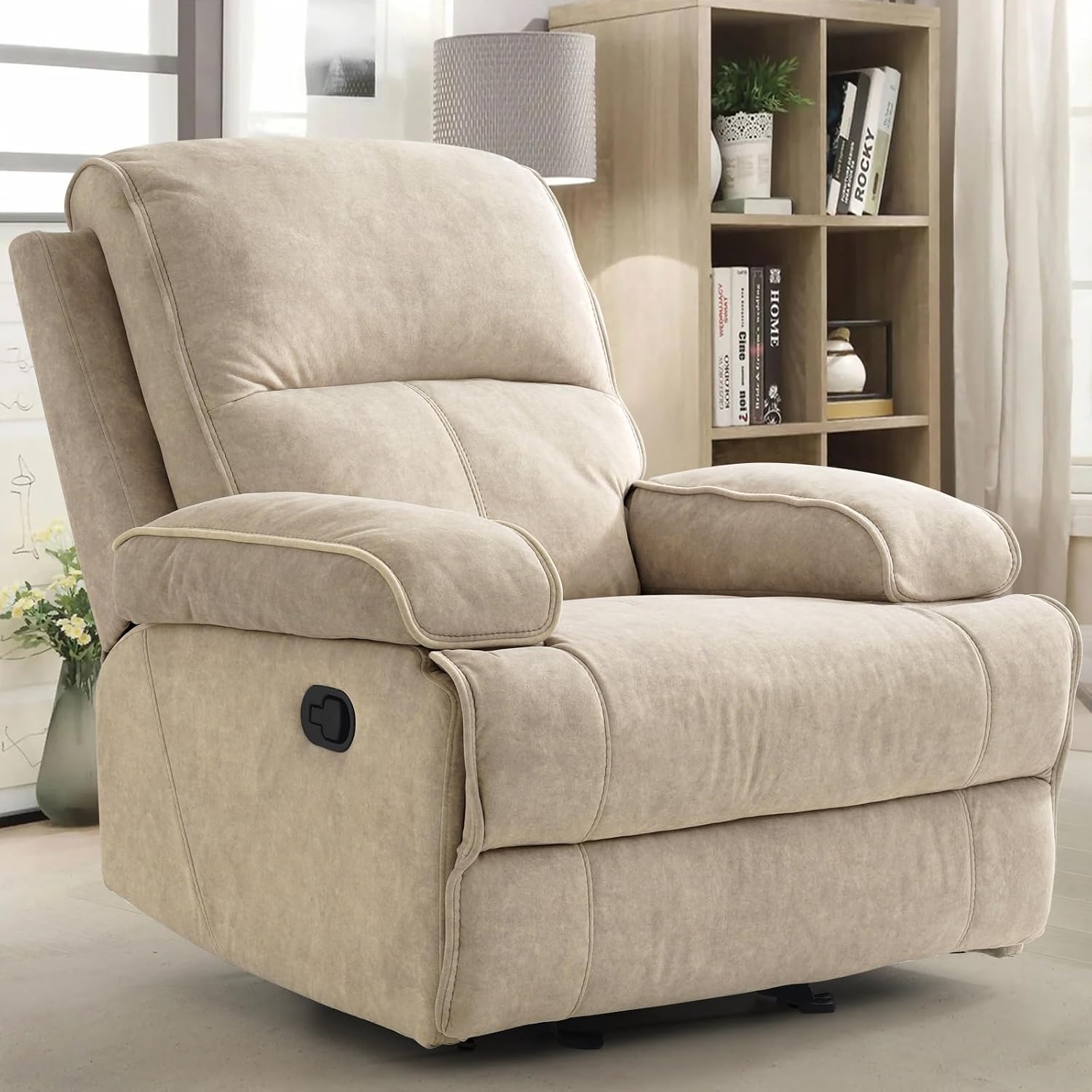 Manual Rocker Recliner Chair for Adults, High Back Glider with Deep Seat, Upholstered Fabric Armchair for Living Room & Nursery, Flaxen