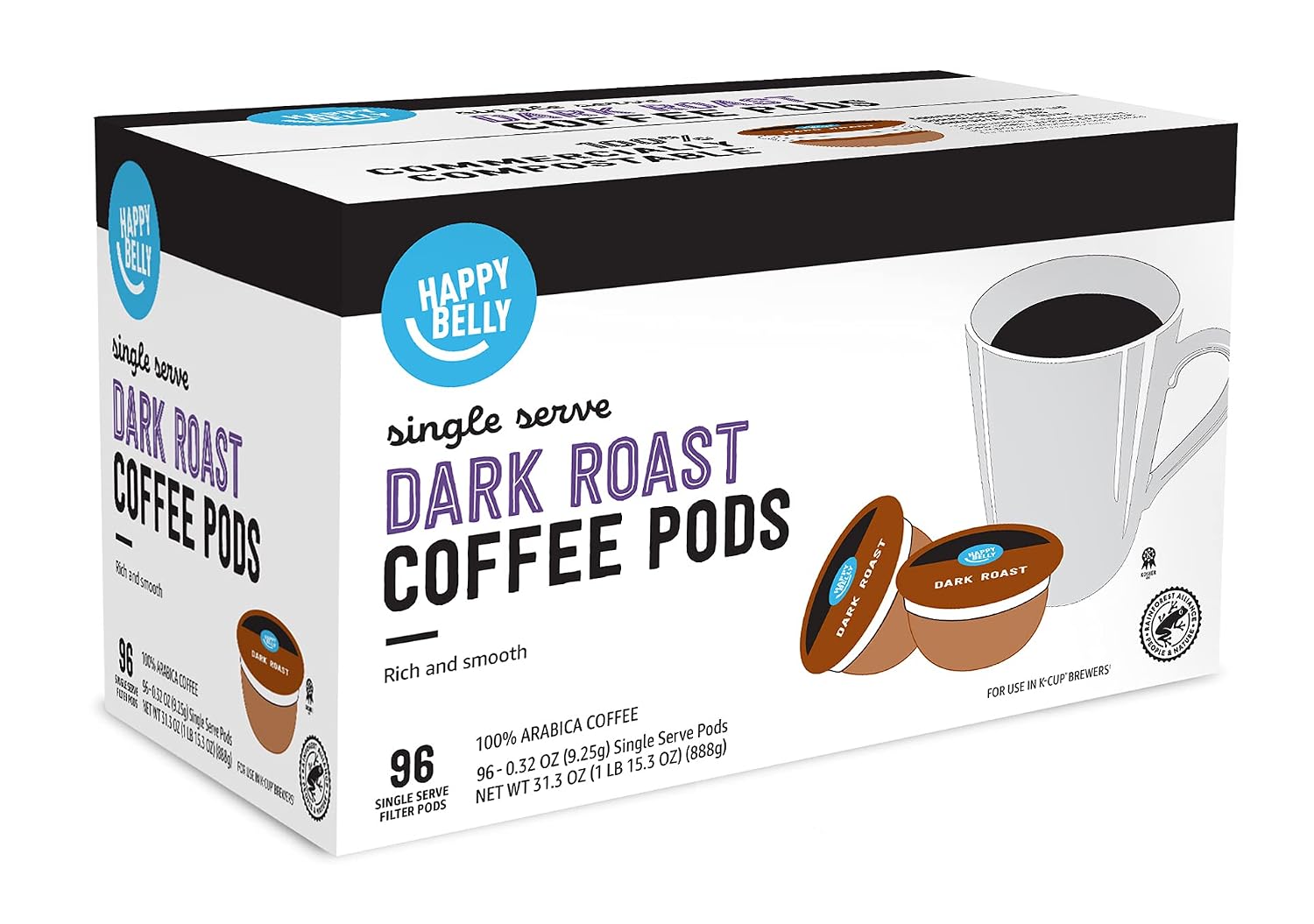 Amazon Brand - Happy Belly Dark Roast Compostable Coffee Pods, Compatible with K-Cup Brewer, 96 Count (Pack of 2)