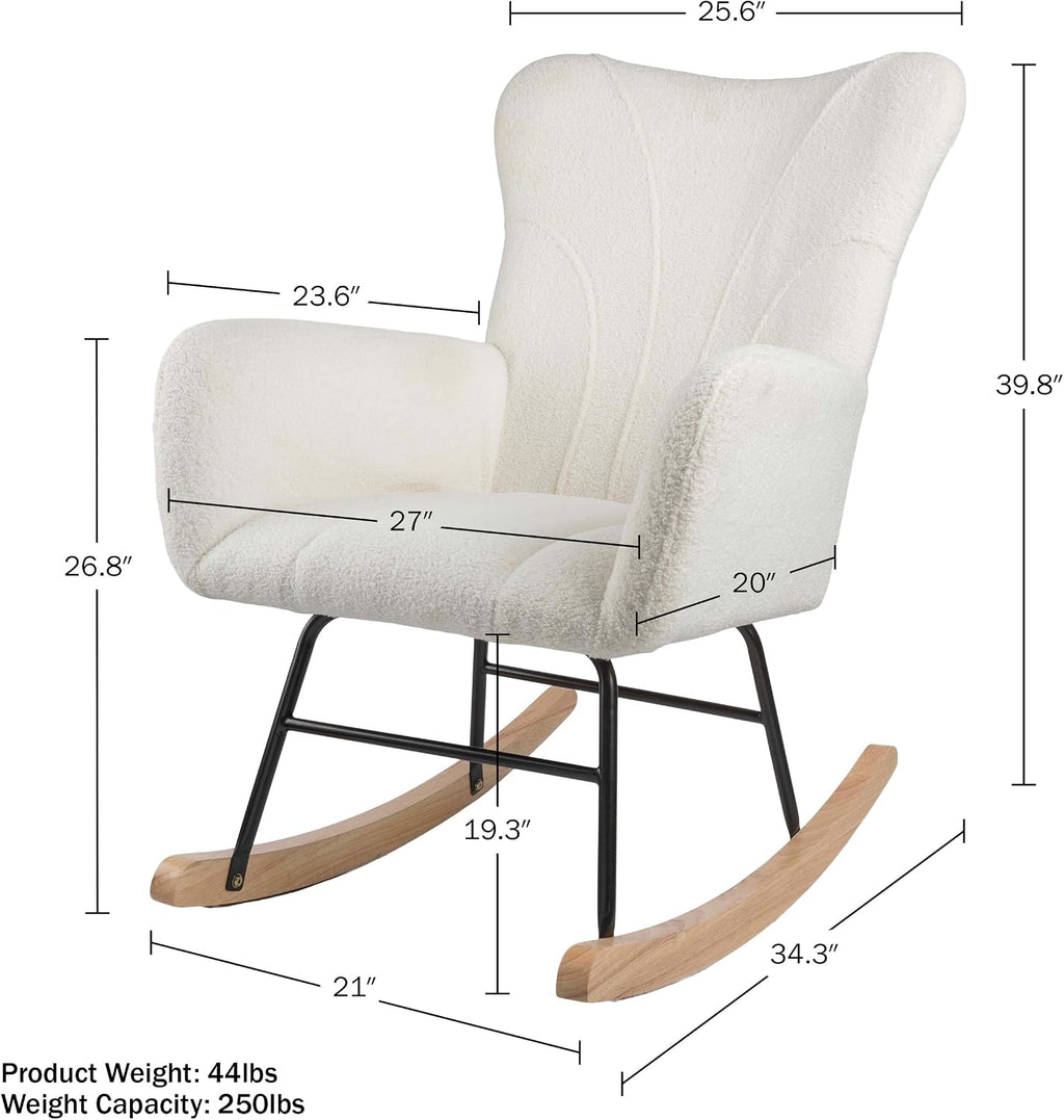 Lavish Home Rocking Chair - Teddy Fabric Upholstered Chair with Padded Seat and Contoured Armrests - Ergonomic Modern Rocker for Bedroom (Cream)