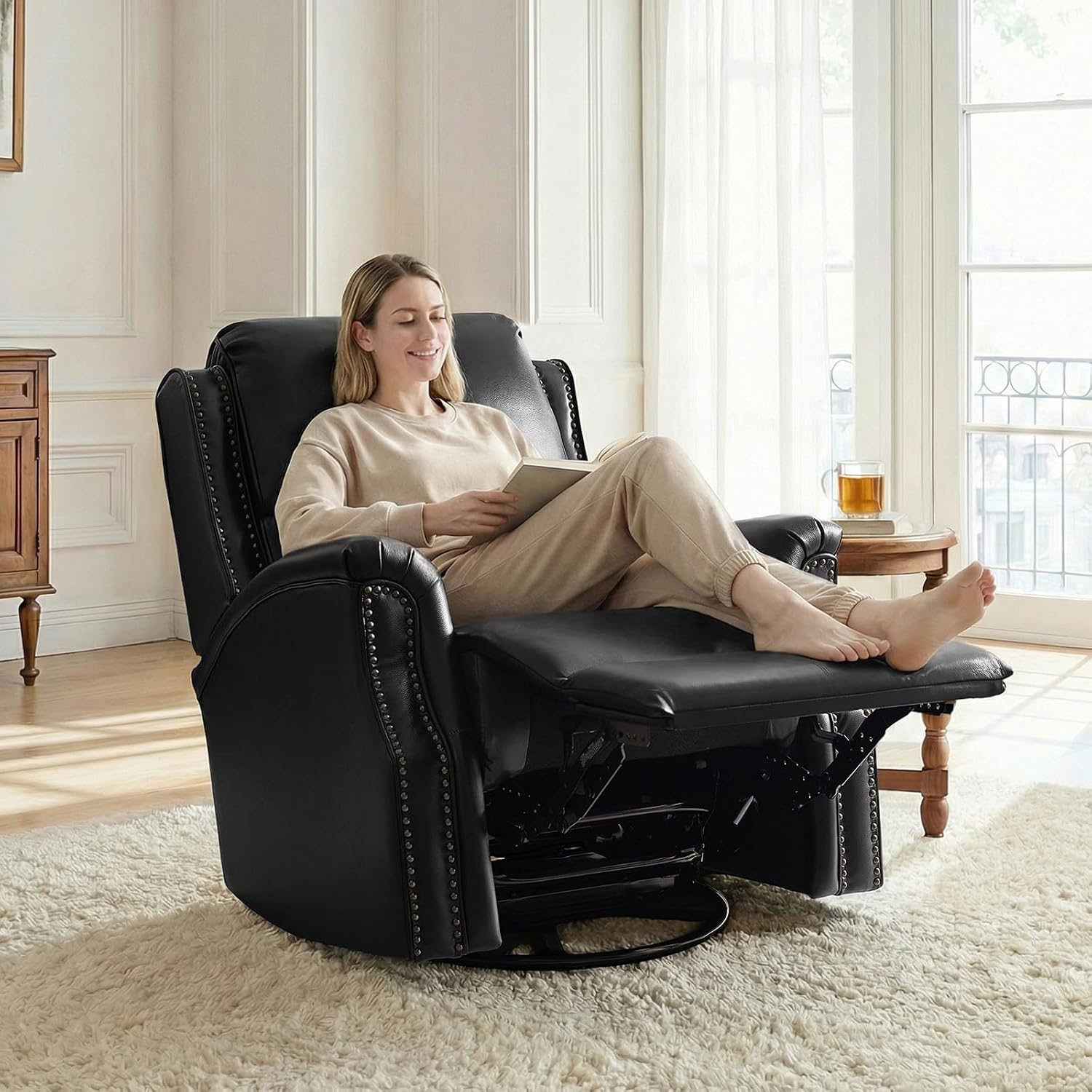 HULALA HOME Genuine Leather Recliner Chair, Swivel Rocker Chair with Thick Seat, Classic Push Back Armchair with Backrest, Nailhead Trim Set of 2, Black