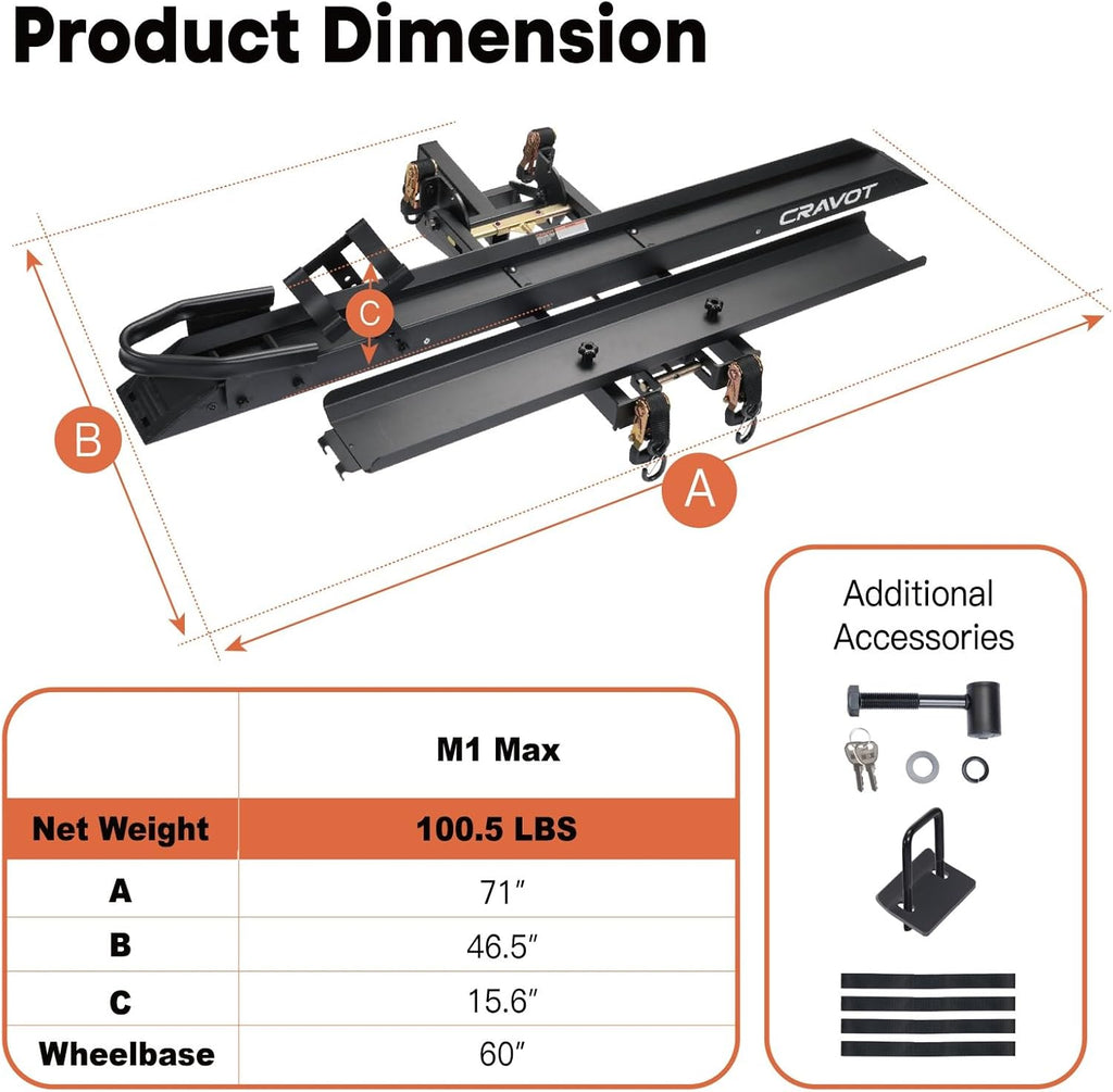 CRAVOT Motorack M1 Max Motorcycle Hitch Carrier with Ramp, 660 lbs Capacity Motorbike Carrier, Foldable Hauler Hitch Mount Rack Anti-Rattle Up to 6-inch Fat Tire 2' Receiver