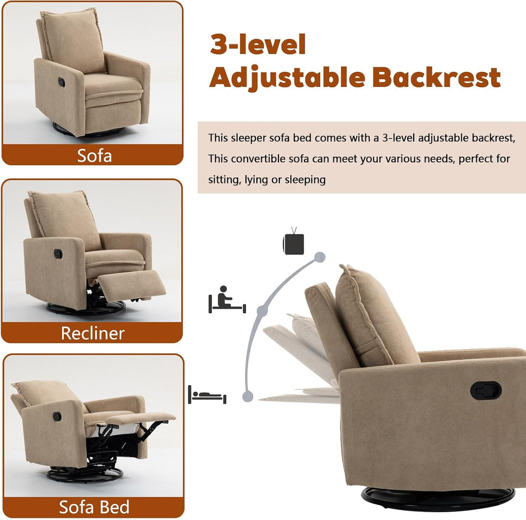 Rocker Recliner Chair for Adults, Swivel Rocker Recliner Chairs with Armrests, Glider Recliner Nursery Chair with Black Metal Base, Small Recliners for Small Spaces, Living Room (Camel)