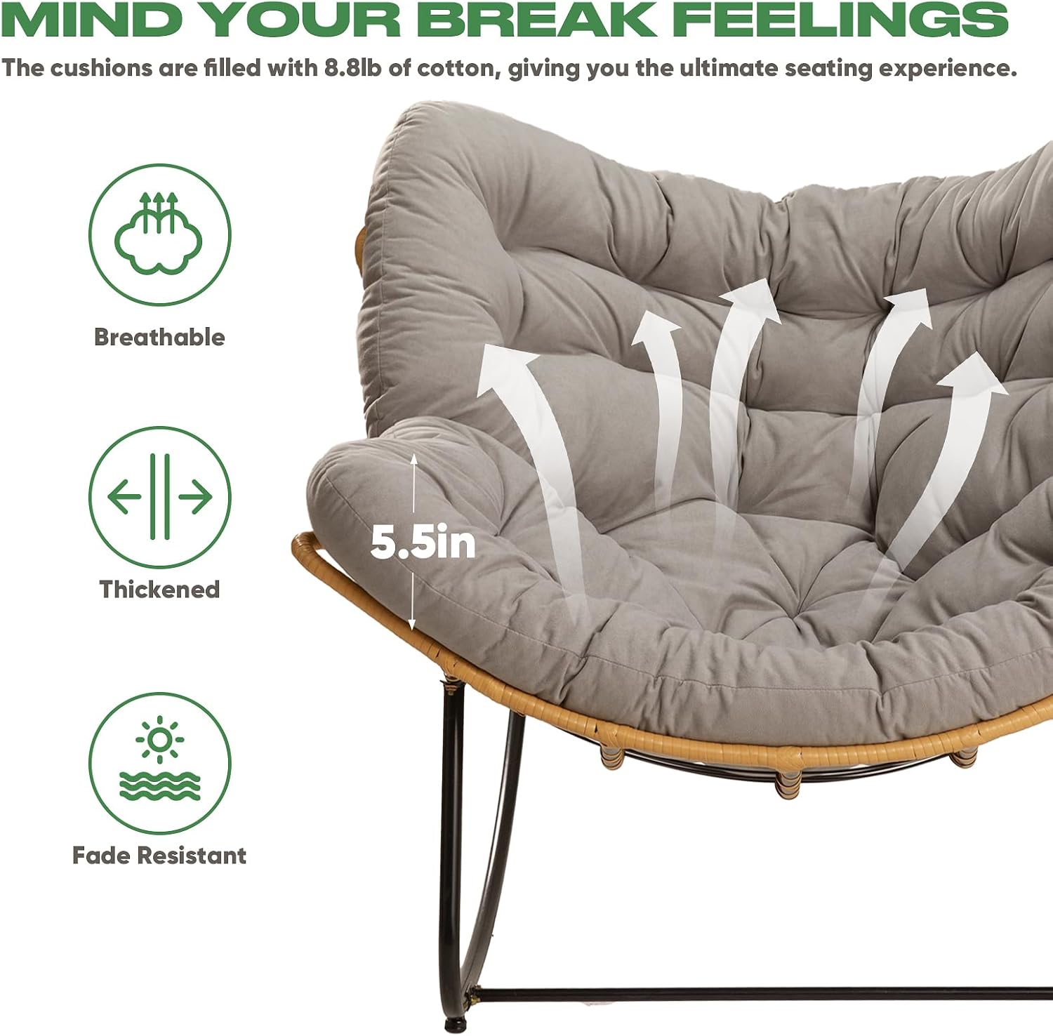 Papasan Chair with Cushion, Oversized Outdoor Rocking Chair, Patio Egg Chair Outdoor, Wicker Modern Cozy Comfy Chair for Bedroom, Living Room, Garden, Balcony, Lawn, Light Grey