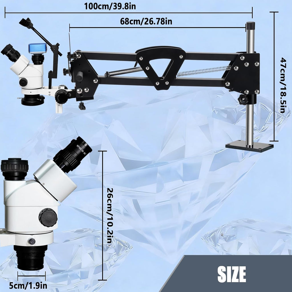 DZQ Jewelry Trinocular Microscope with Camera, 7X-45X Magnification with Multi-Directional Stand 0.5X Barlow Lens & Camera Eyepiece, 60 Ring Light Illuminator, Jewelers Microscope for Engraving Making