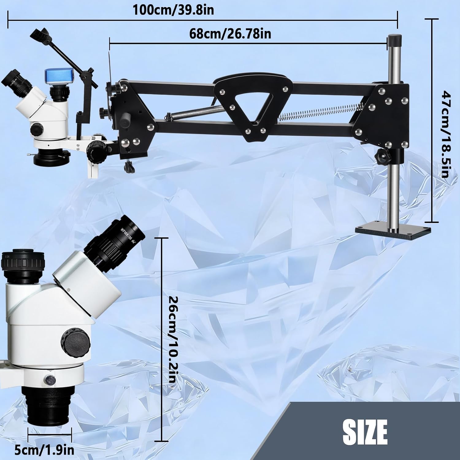 DZQ Jewelry Trinocular Microscope with Camera, 7X-45X Magnification with Multi-Directional Stand 0.5X Barlow Lens & Camera Eyepiece, 60 Ring Light Illuminator, Jewelers Microscope for Engraving Making
