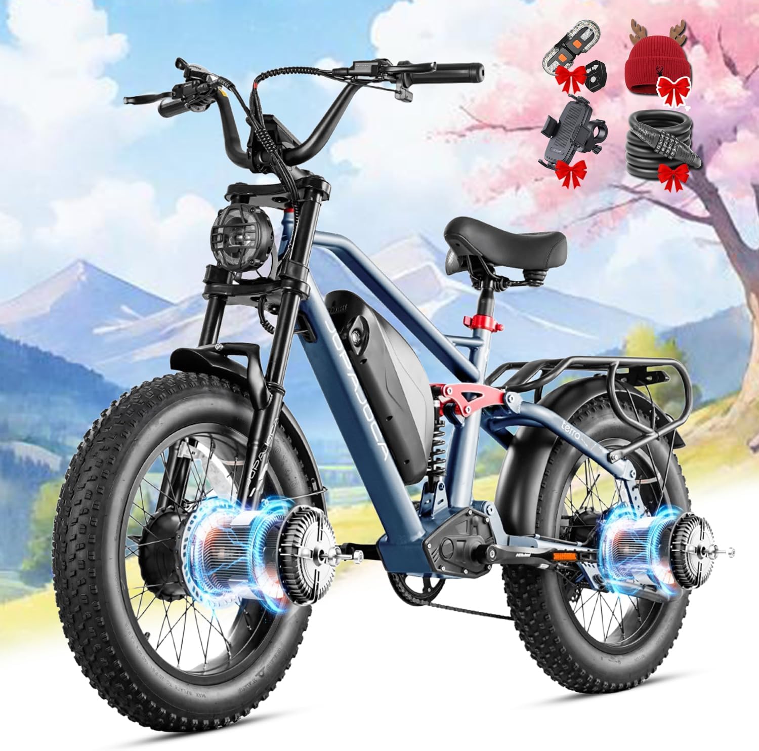 eAhora Terra II Electric Bike - 3000W Peak Dual Motor 33MPH 20Ah Ebike for Adults, 80Miles Long Range 20' Fat Tire Electric Mountain Bike Full Suspension Electric Bicycle with LCD Display