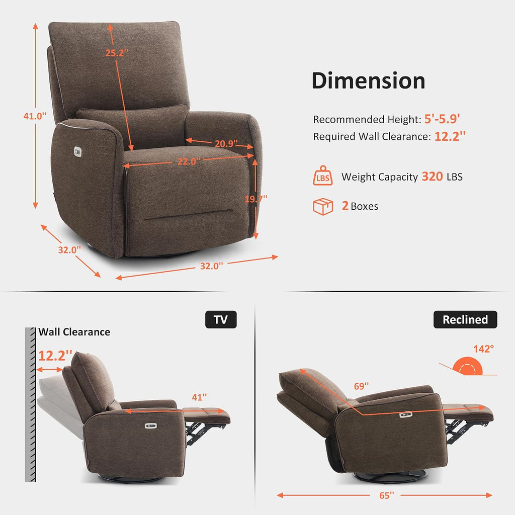 MCombo Swivel Glider Rocker Power Recliner Chair, Electric Swivel Rocker Recliner with USB Charging Ports for Living Room and Nursery, Fabric 6922 (Brown)