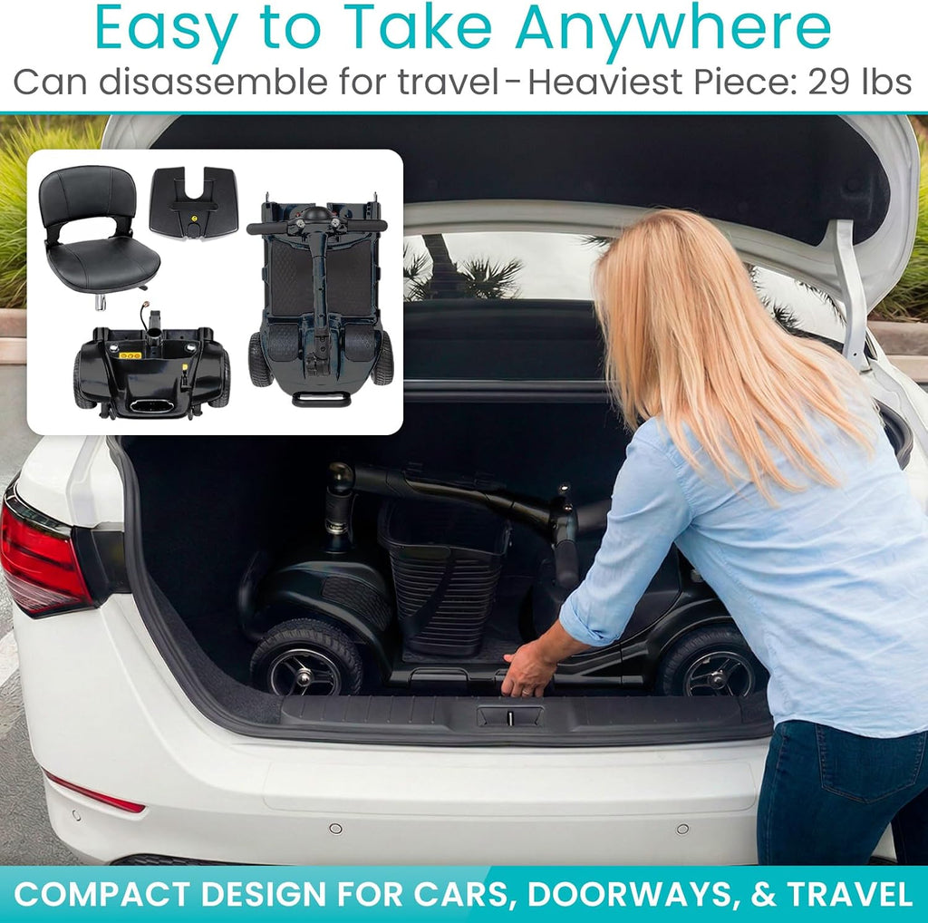 Vive 4 Wheel Mobility Scooter - Electric Powered Wheelchair Device - Compact Heavy Duty Mobile for Travel, Adults, Elderly - Long Range Power Extended Battery with Charger & Basket
