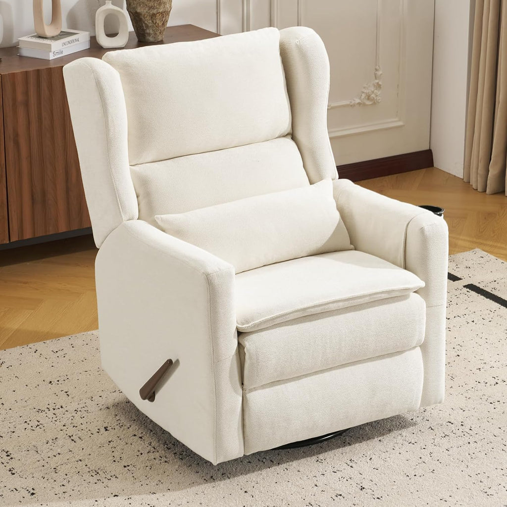 Large Glider Rocker Recliner,Rocking Chair Nursery with Adjustable Headrest,Swivel Rocker Recliner with Lumbar Support,Manual Nursery Rocker Recliner for Living Room& Bedroom,Chenille White
