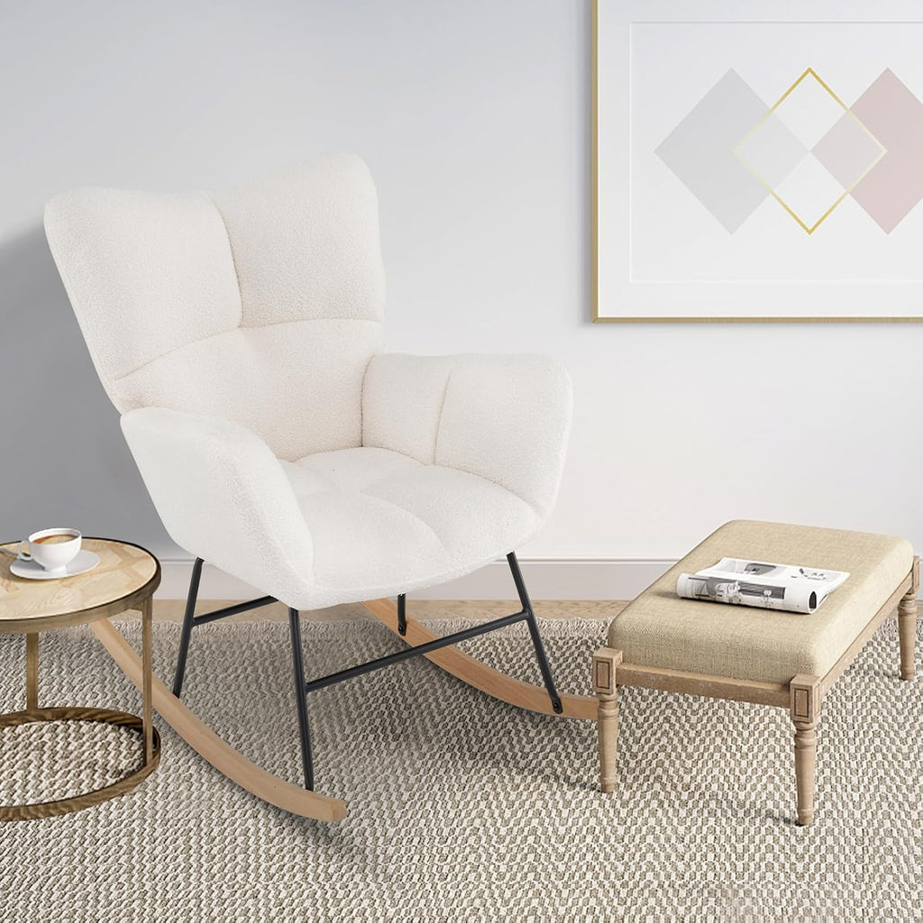 Giantex Rocking Chair Nursery, Teddy Upholstered Glider Rocker Chair w/High Backrest, Armrests & Rubber Wood Feet, Modern Sherpa Rocking Accent Chair for Living Room, Bedroom & Office, Beige